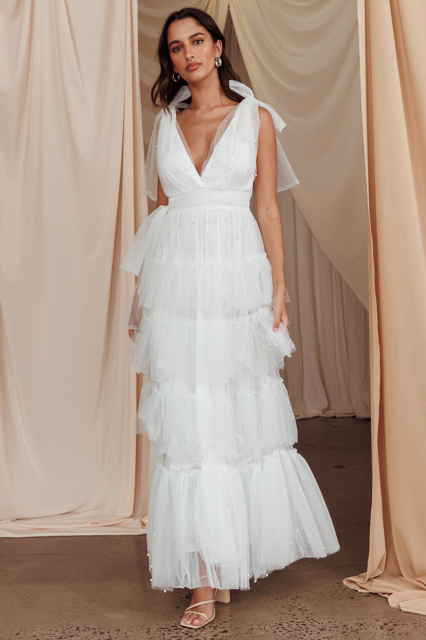 My Fair Lady Bow Shoulder Pearl Maxi Dress White-Fable Dress