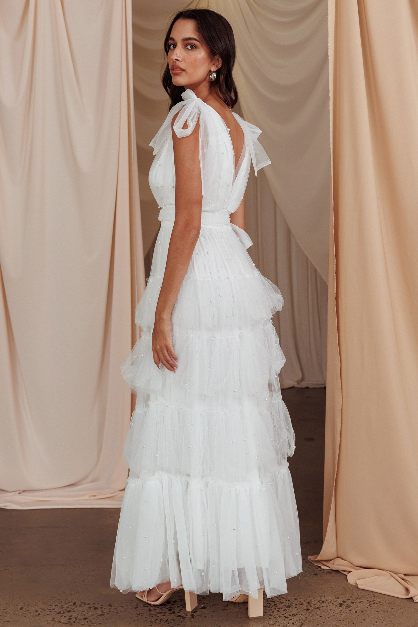 My Fair Lady Bow Shoulder Pearl Maxi Dress White-Fable Dress