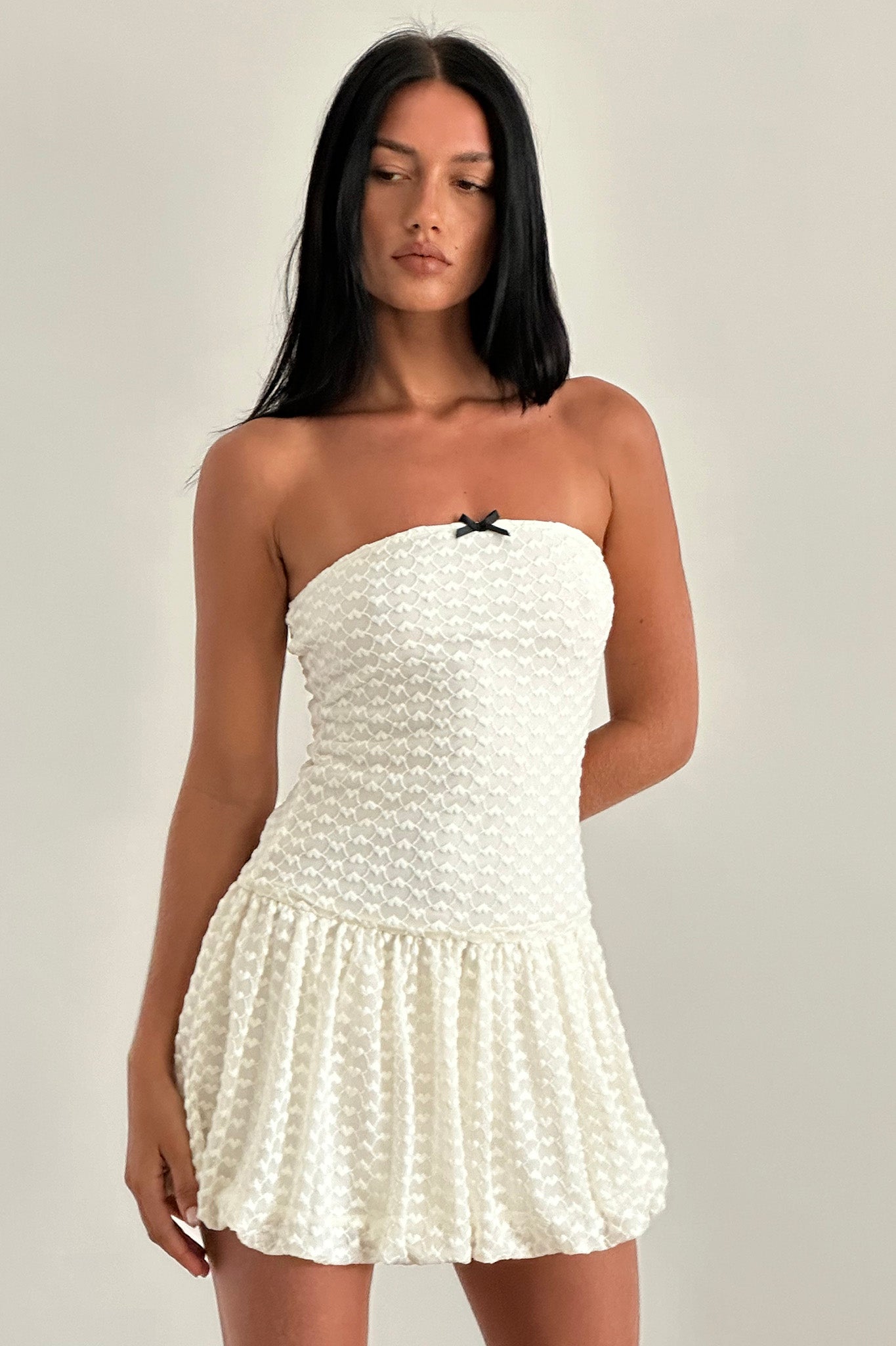 Mistee Bandeau Bubble Hem Mini Dress Lace Ivory-Fable Dress