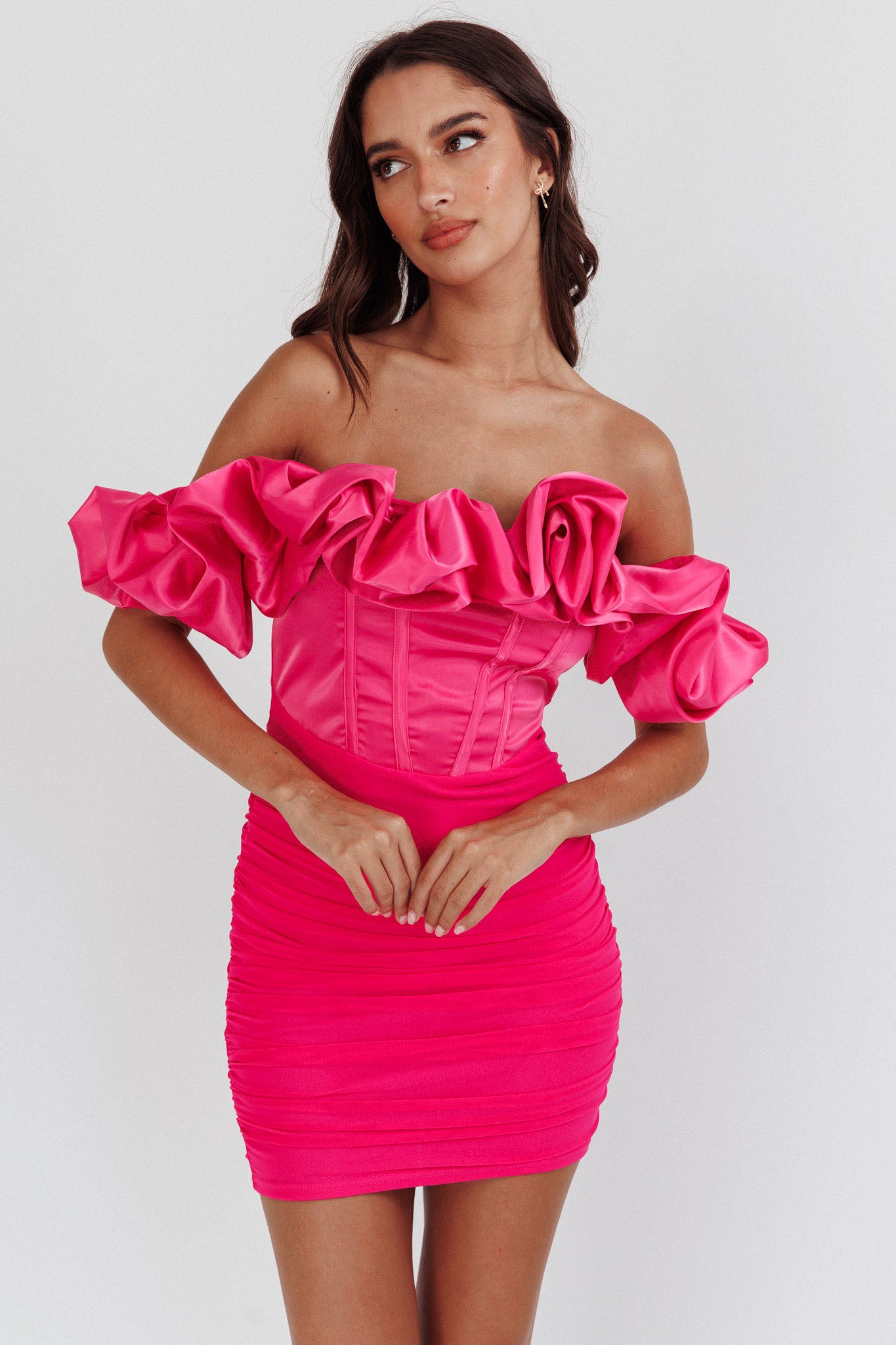 Arista Off-Shoulder Ruched Mini Dress Hot Pink-Fable Dress