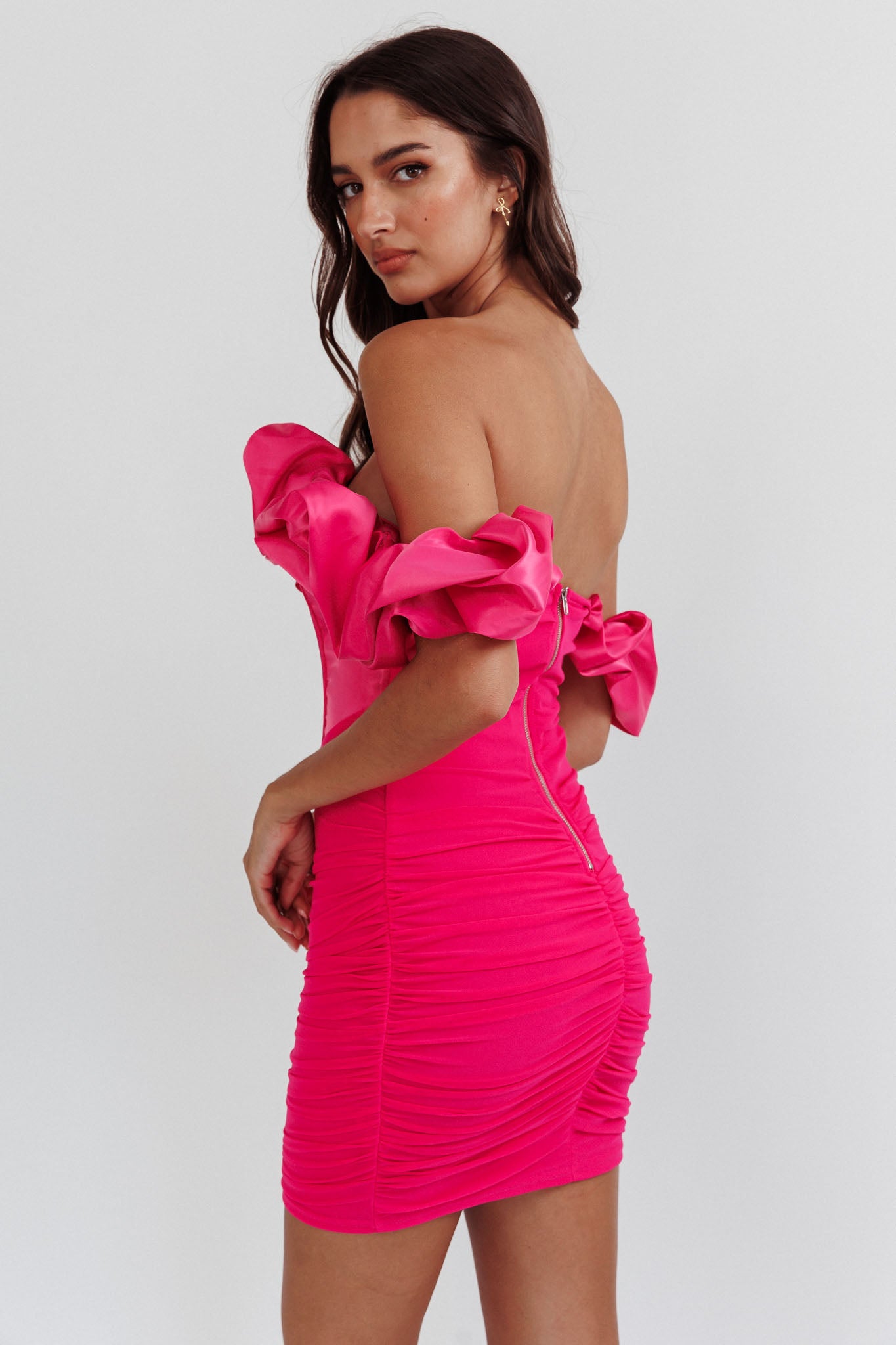 Arista Off-Shoulder Ruched Mini Dress Hot Pink-Fable Dress