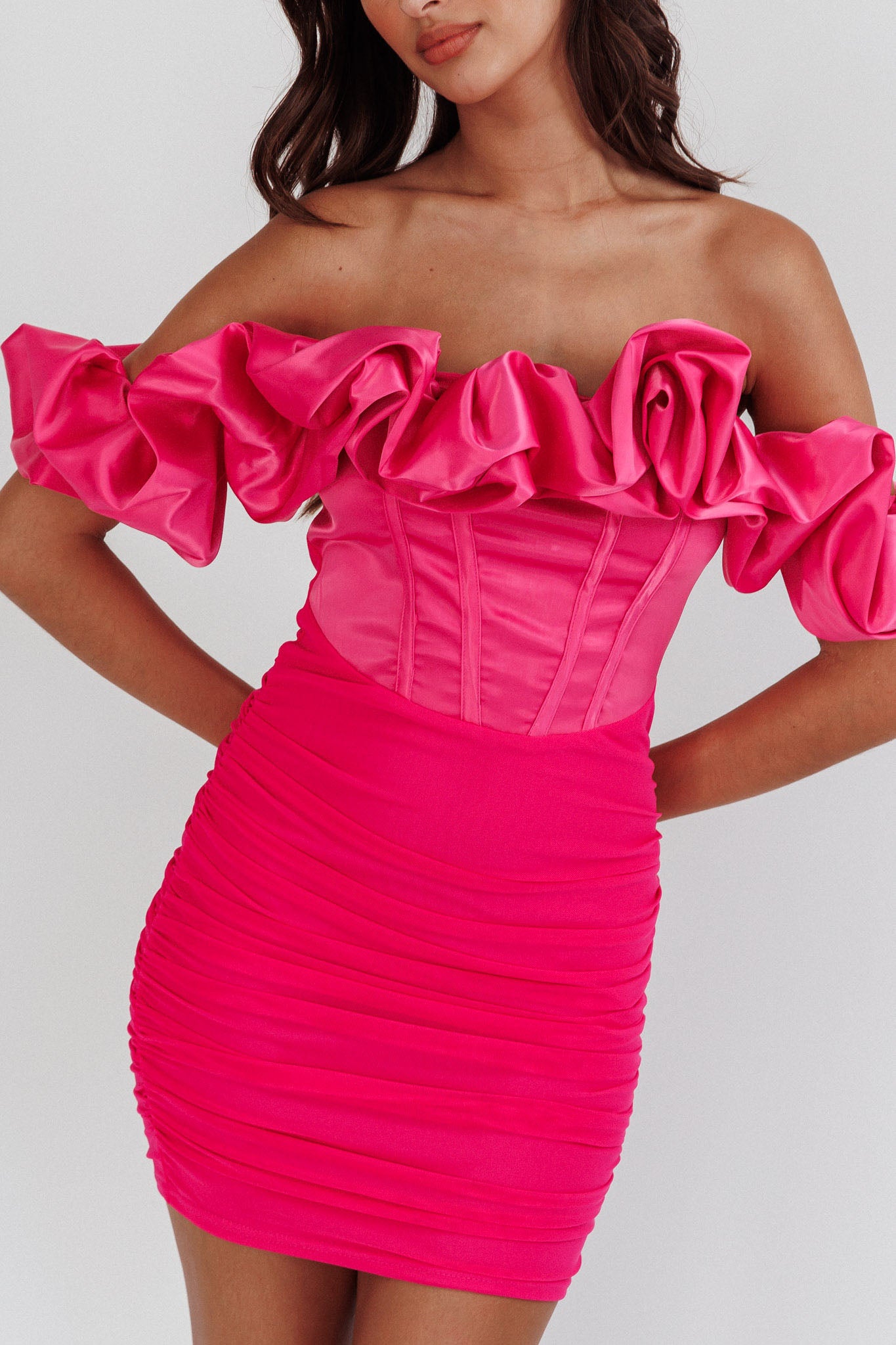 Arista Off-Shoulder Ruched Mini Dress Hot Pink-Fable Dress