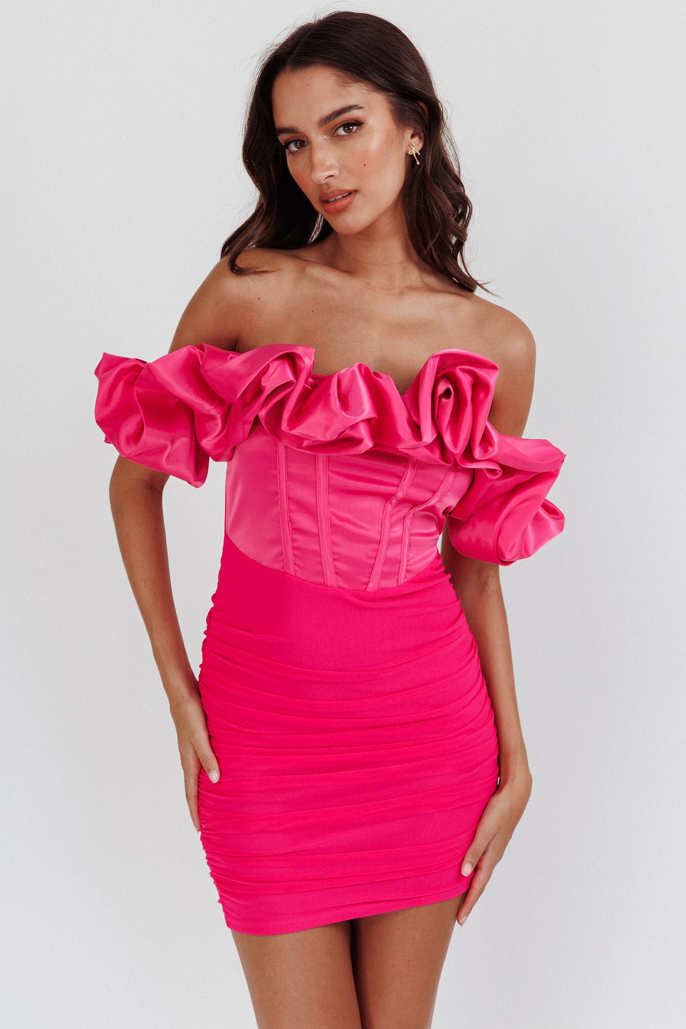 Arista Off-Shoulder Ruched Mini Dress Hot Pink-Fable Dress