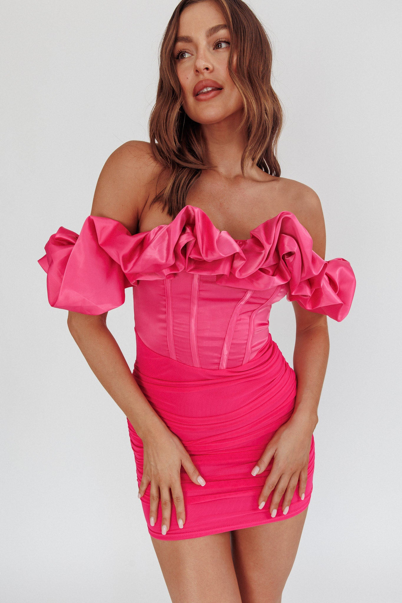 Arista Off-Shoulder Ruched Mini Dress Hot Pink-Fable Dress