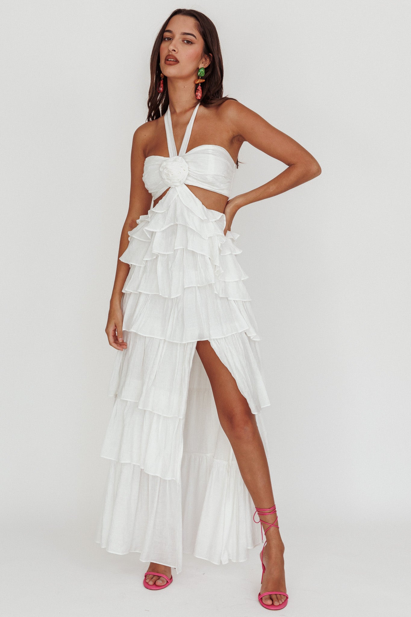 Morpheus Ruffle Halterneck Maxi Dress Off White-Fable Dress