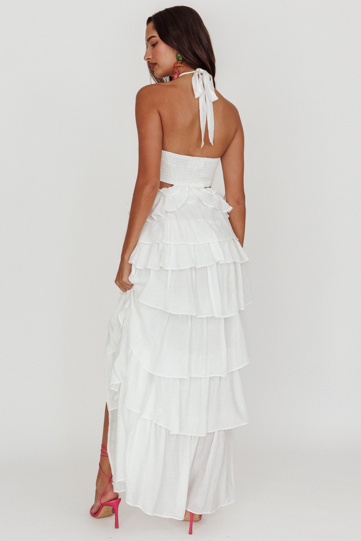 Morpheus Ruffle Halterneck Maxi Dress Off White-Fable Dress
