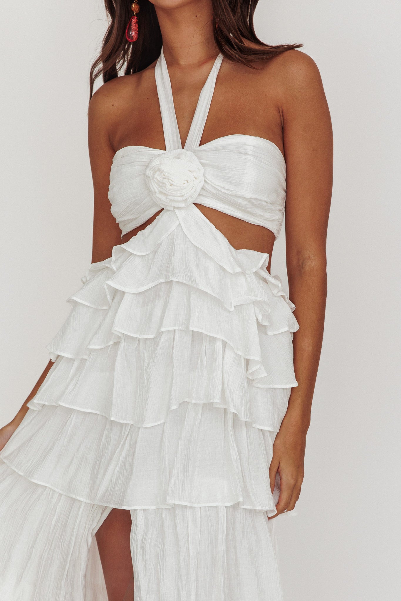 Morpheus Ruffle Halterneck Maxi Dress Off White-Fable Dress