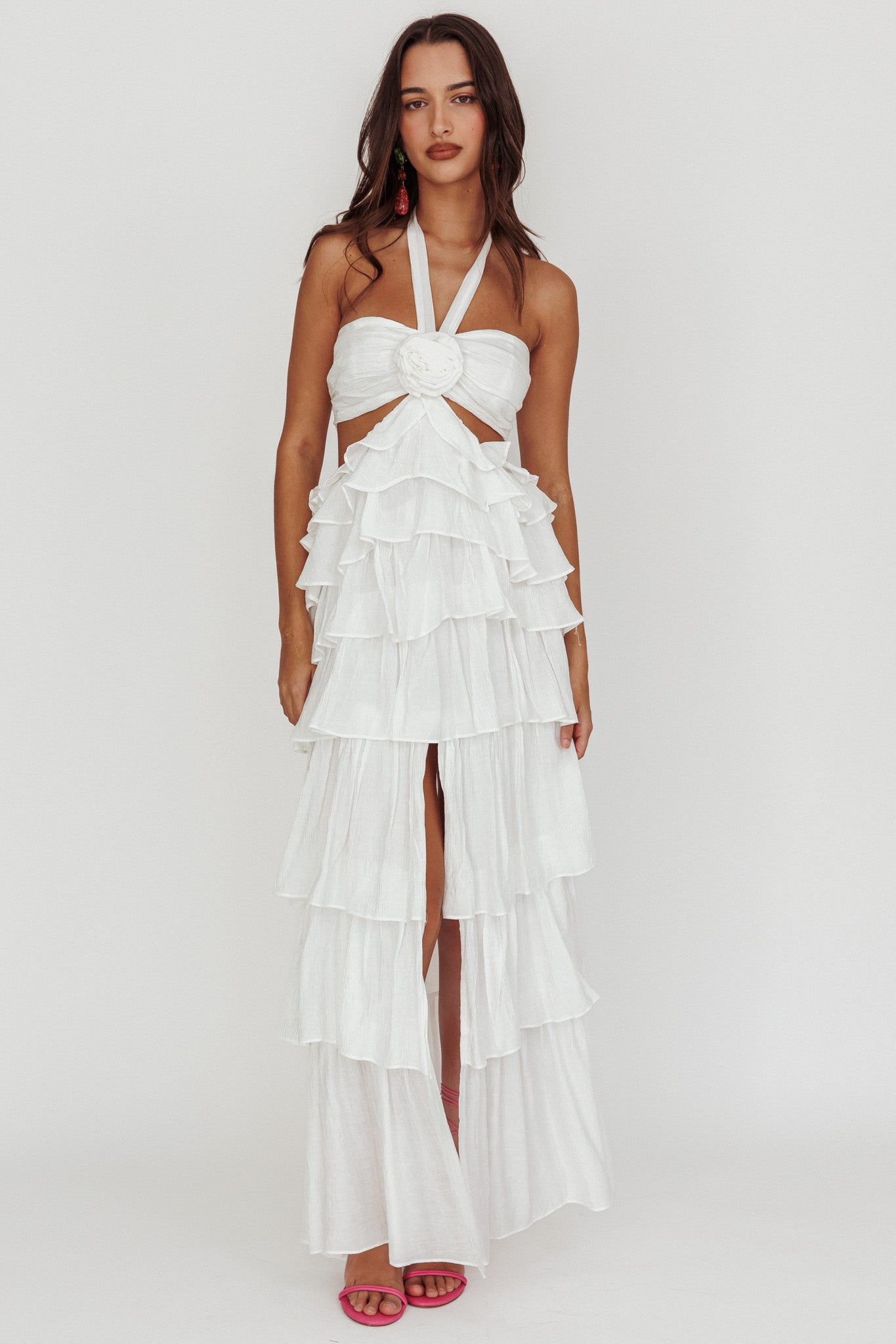 Morpheus Ruffle Halterneck Maxi Dress Off White-Fable Dress