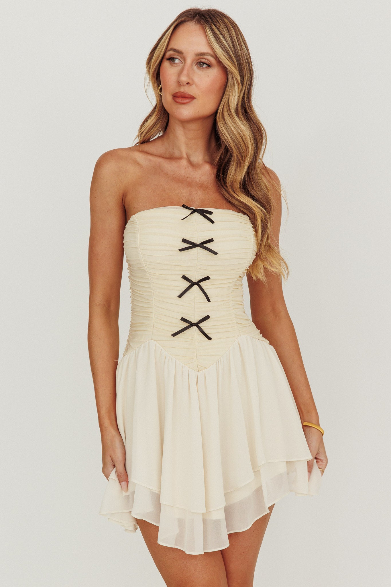 Cherry Lips Strapless Chiffon Mini Dress Cream-Fable Dress