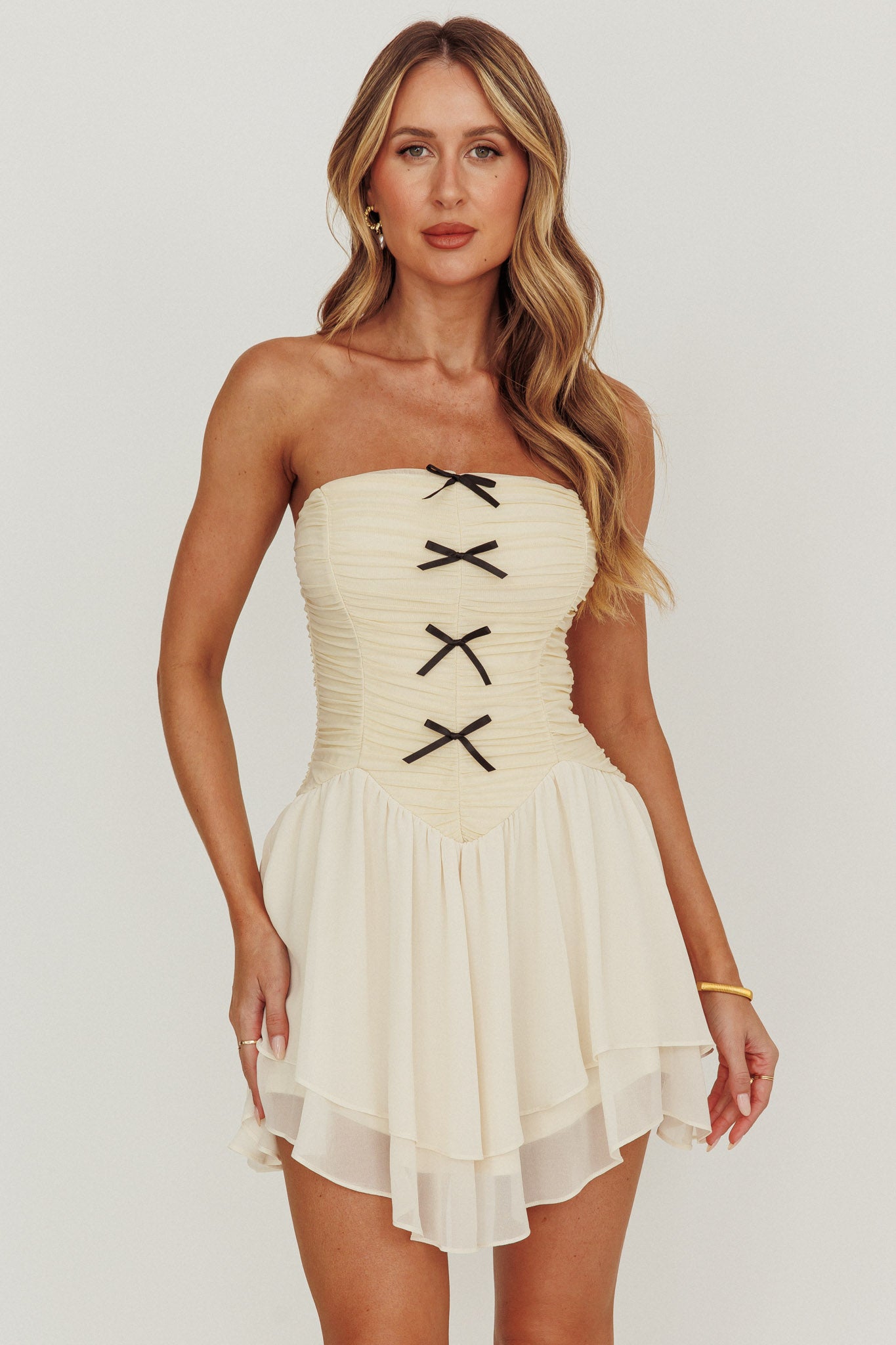 Cherry Lips Strapless Chiffon Mini Dress Cream-Fable Dress