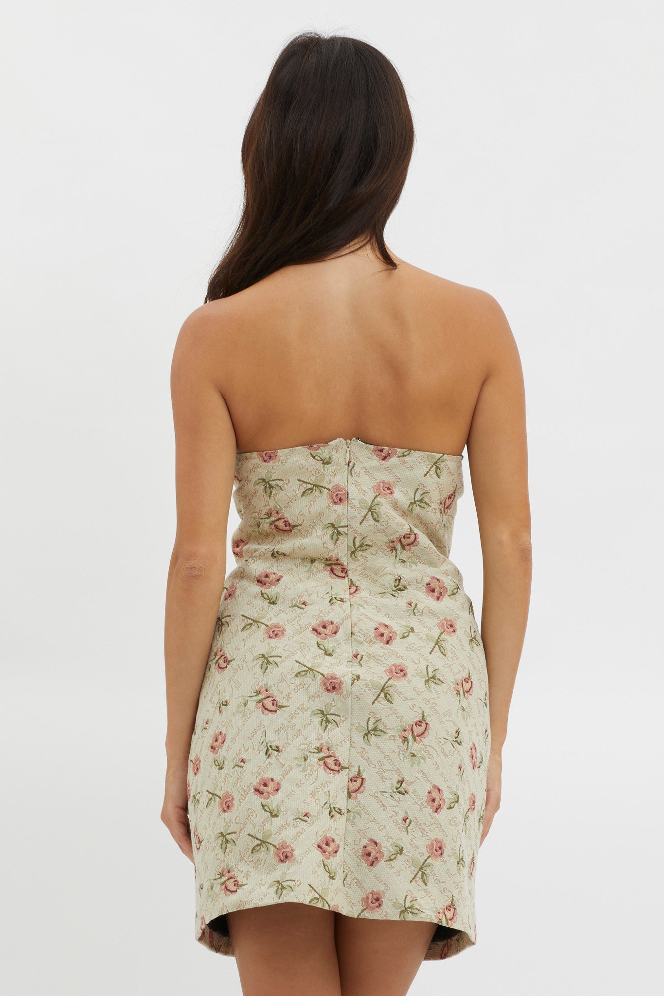 C'est Belle Strapless Lace Trim Mini Dress Beige Floral-Fable Dress