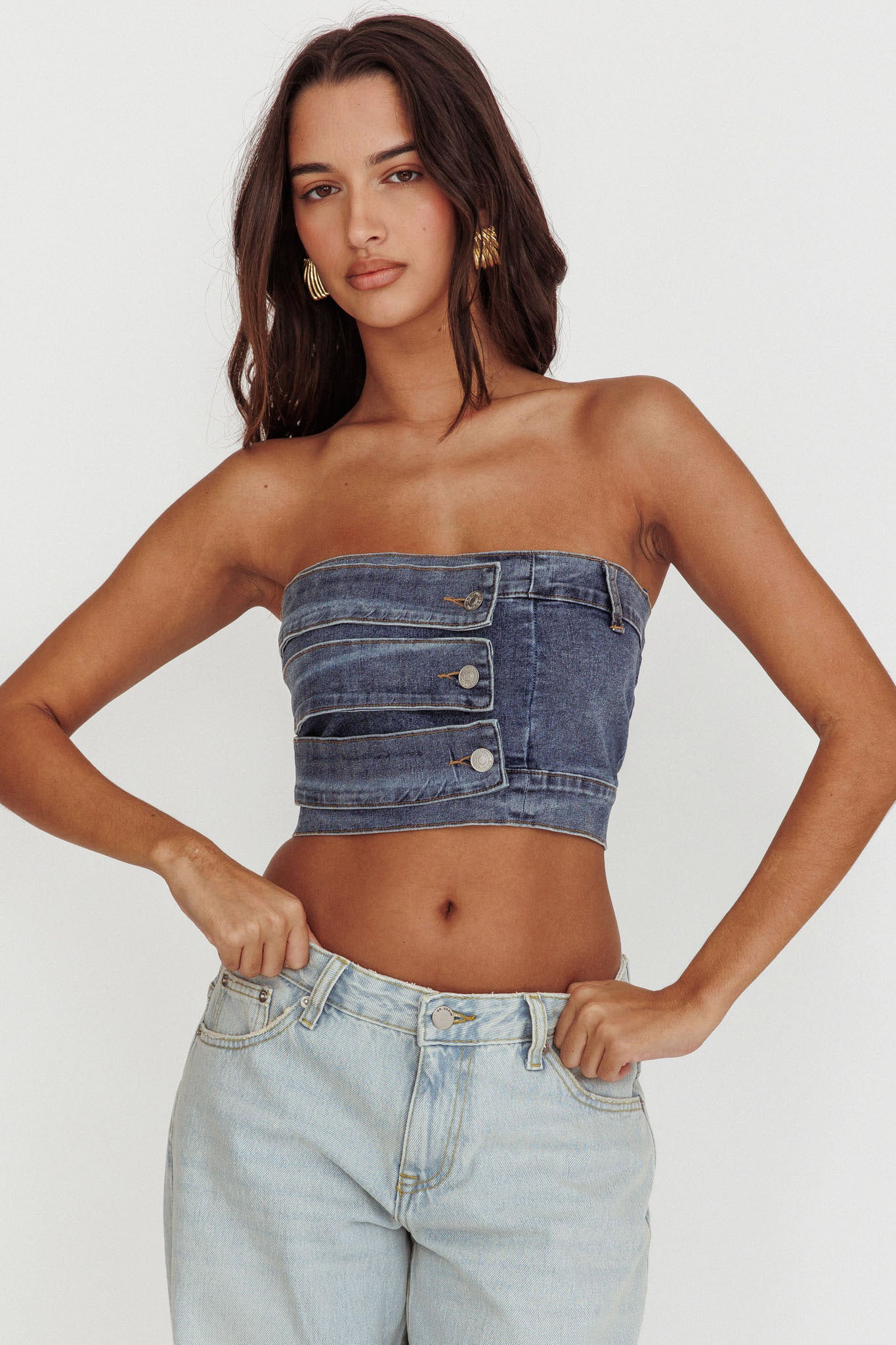Pop Fizz Strapless Denim Cropped Top Medium Blue-Fable Dress