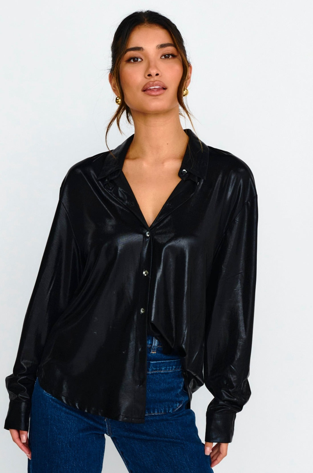 Benni Long Sleeve Button-Up Shirt Black-Fable Dress