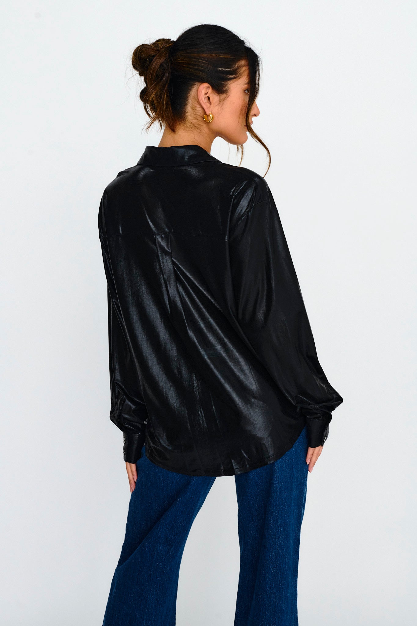 Benni Long Sleeve Button-Up Shirt Black-Fable Dress