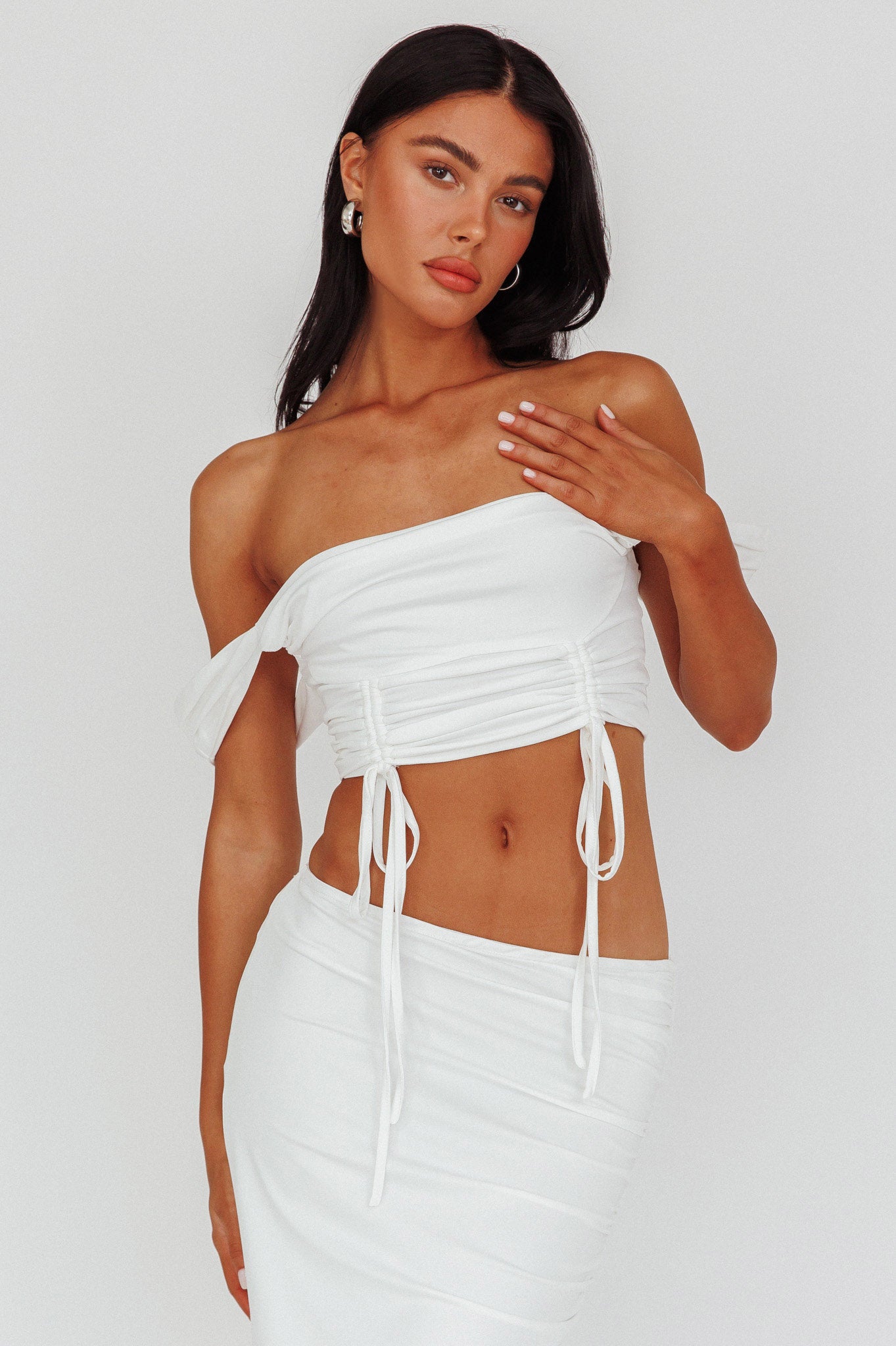 Headliner Drawstring Ruched  Crop Top White-Fable Dress