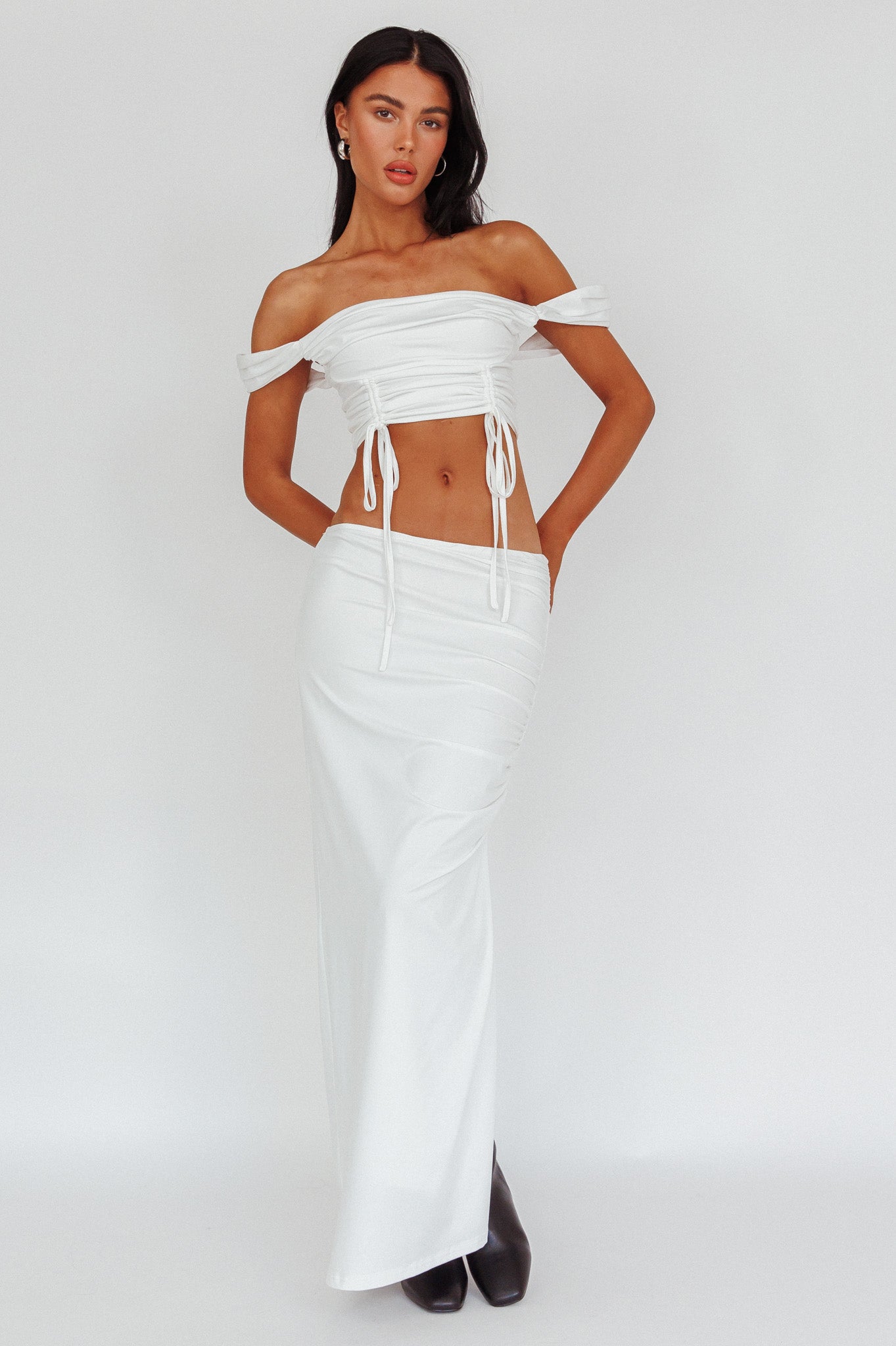 Headliner Drawstring Ruched  Crop Top White-Fable Dress
