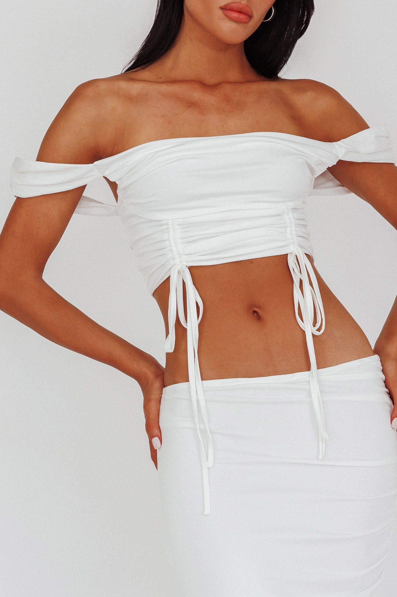 Headliner Drawstring Ruched  Crop Top White-Fable Dress