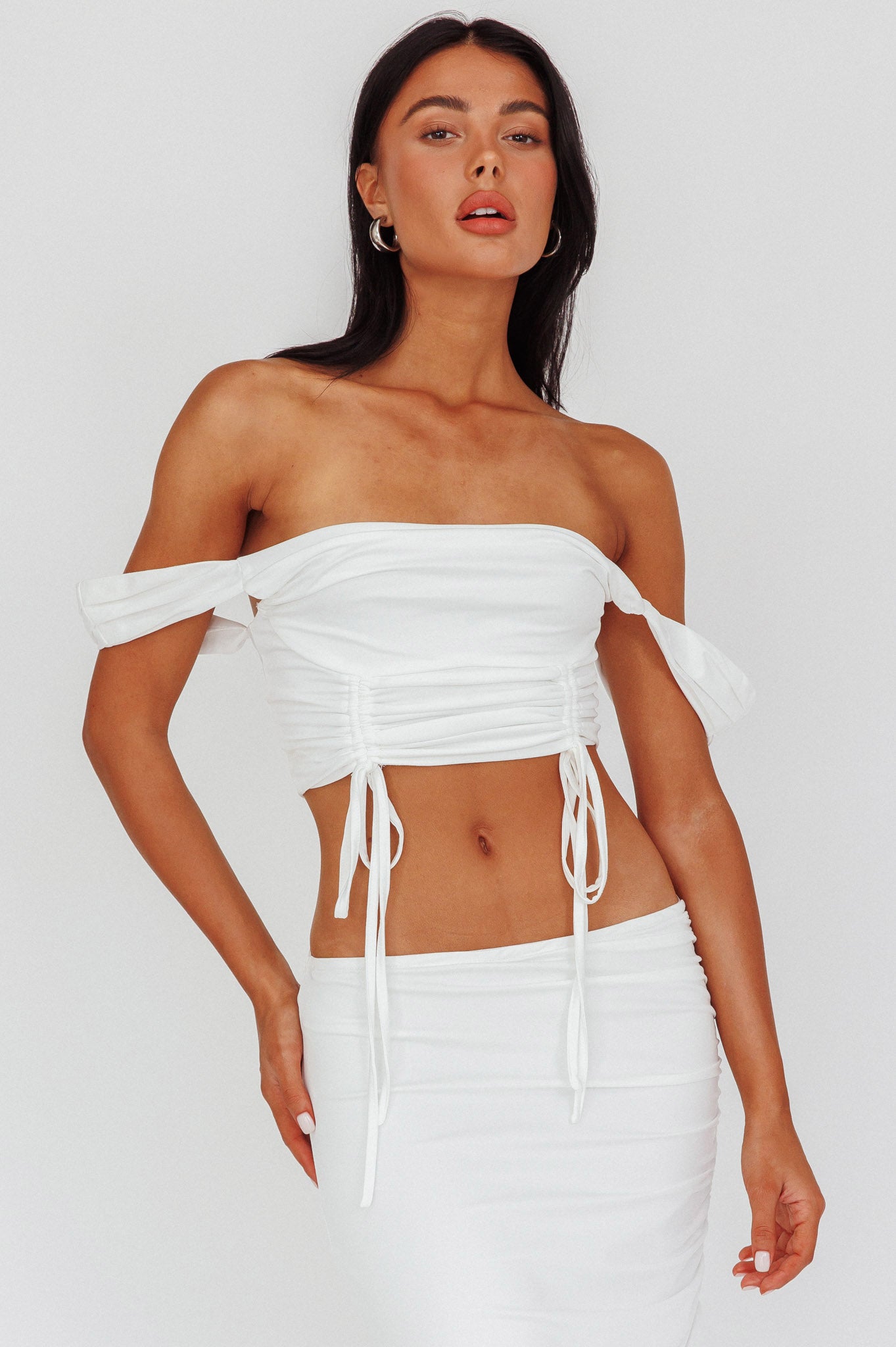 Headliner Drawstring Ruched  Crop Top White-Fable Dress