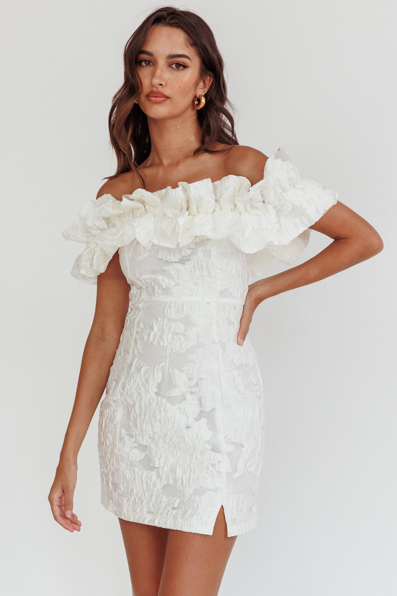 Memoire Off-Shoulder Textured Mini Dress White-Fable Dress