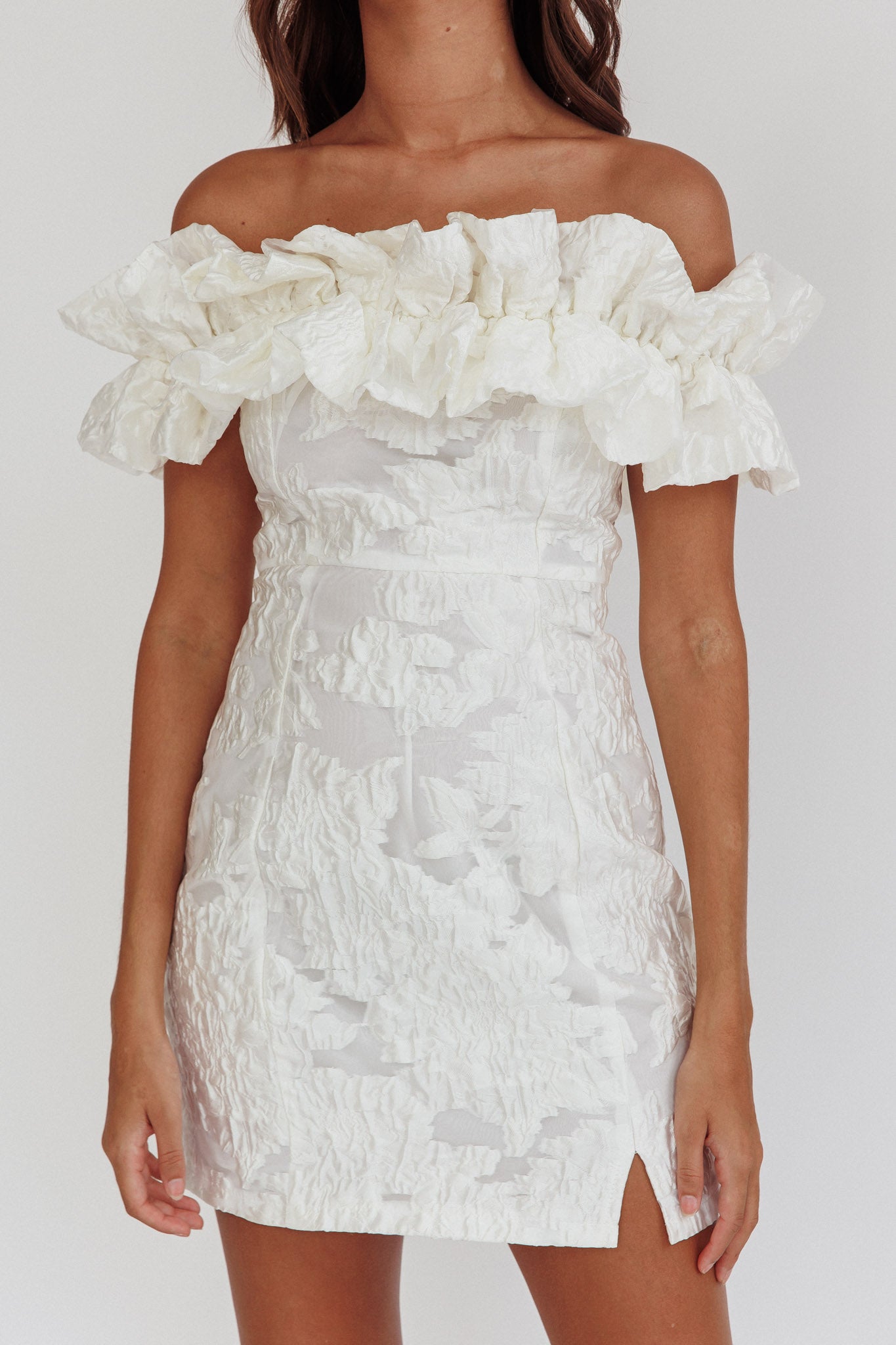 Memoire Off-Shoulder Textured Mini Dress White-Fable Dress