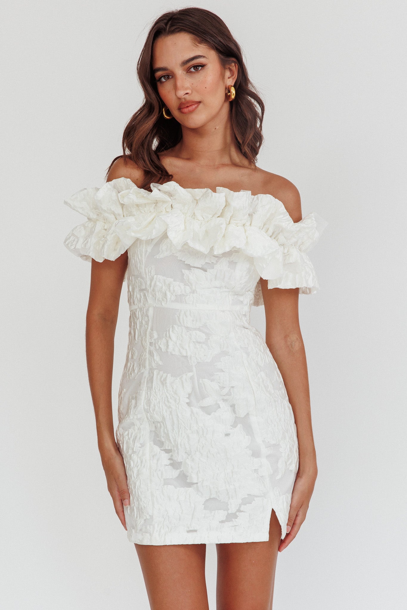 Memoire Off-Shoulder Textured Mini Dress White-Fable Dress