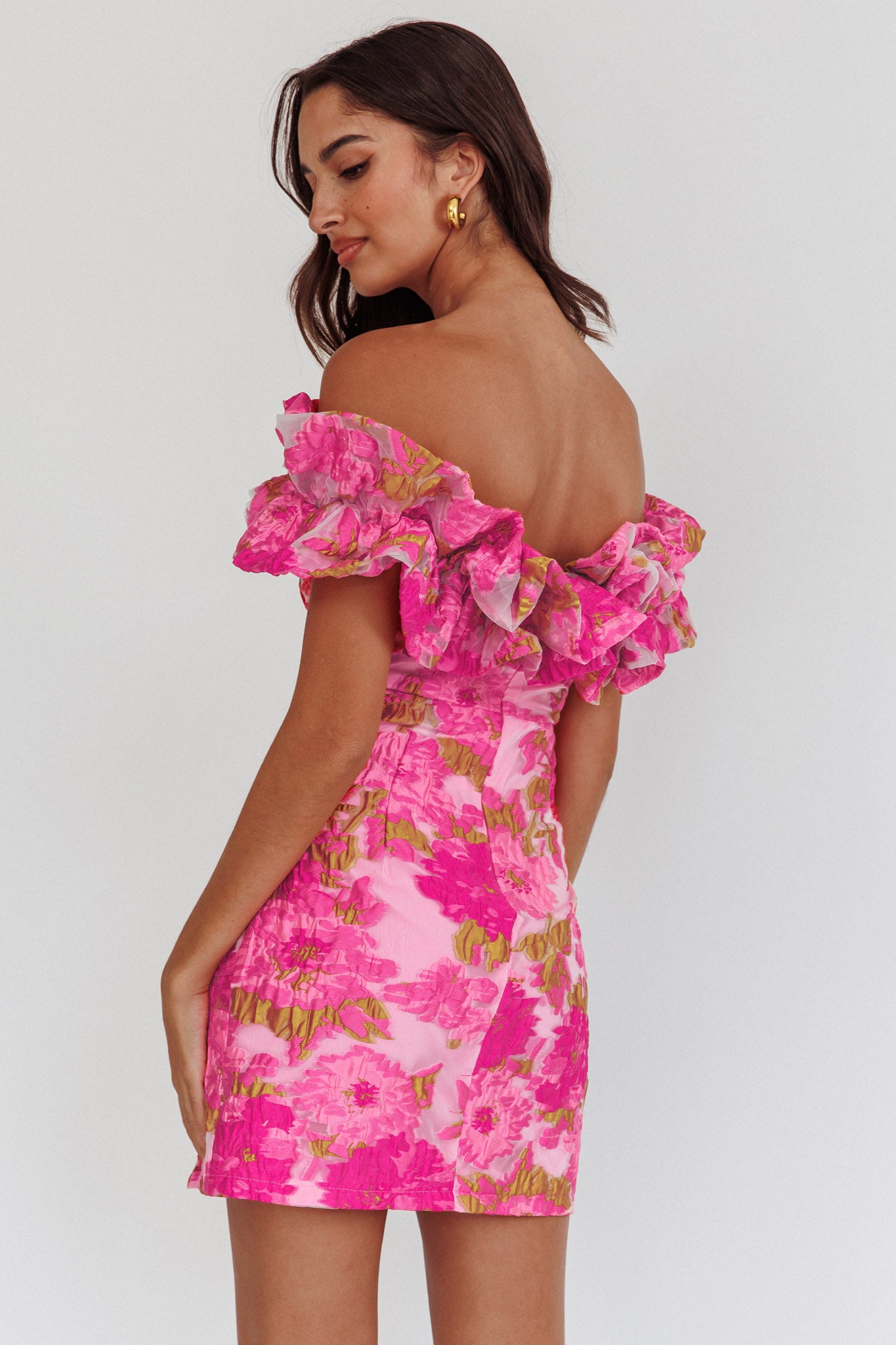 Memoire Off-Shoulder Textured Mini Dress Pink-Fable Dress