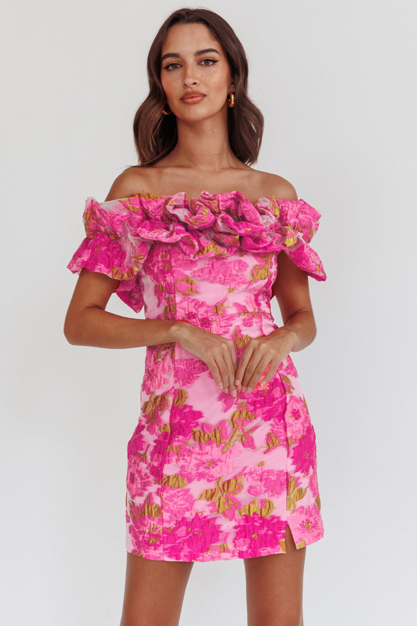 Memoire Off-Shoulder Textured Mini Dress Pink-Fable Dress
