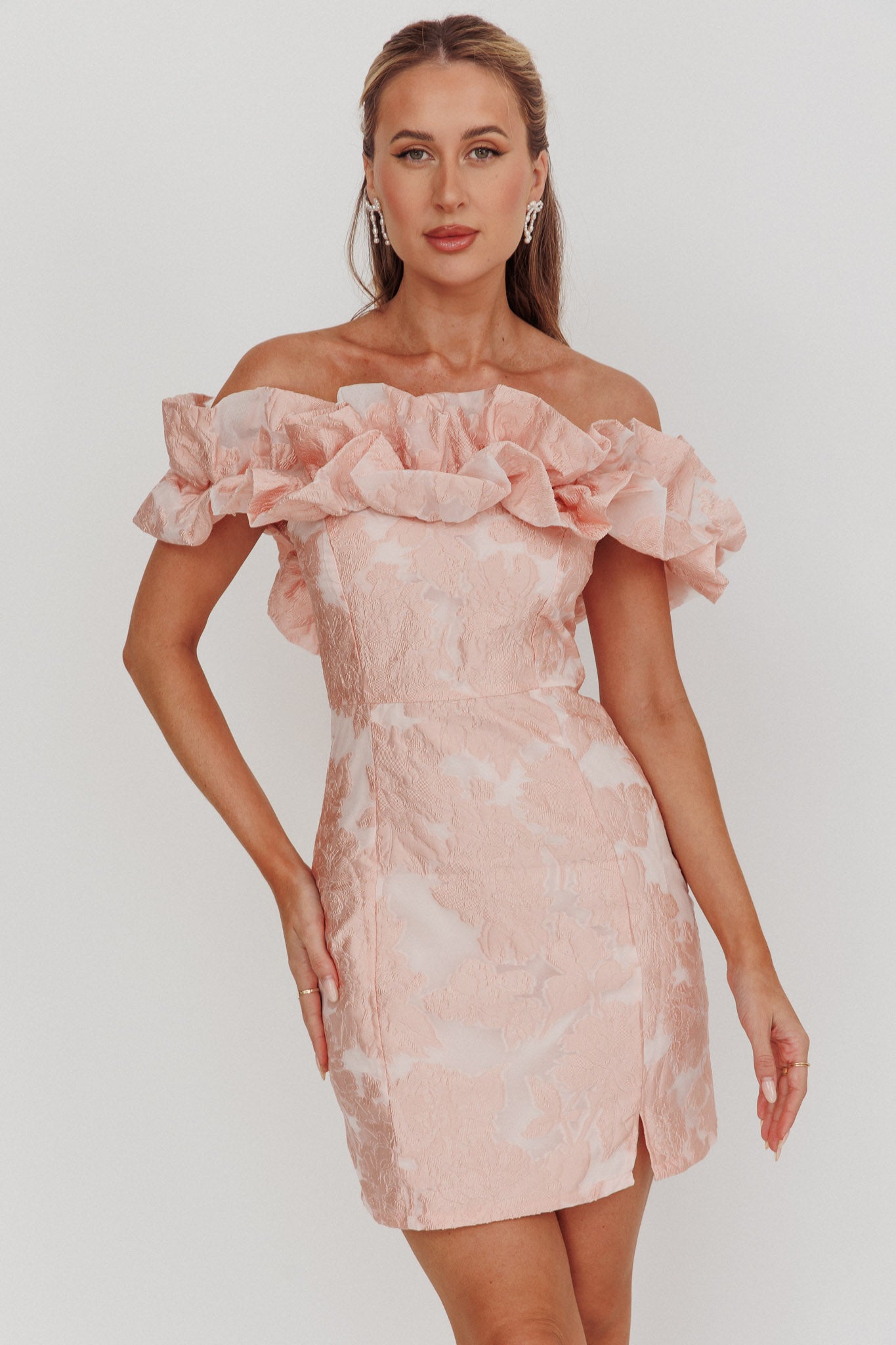 Memoire Off-Shoulder Jacquard Mini Dress Blush-Fable Dress