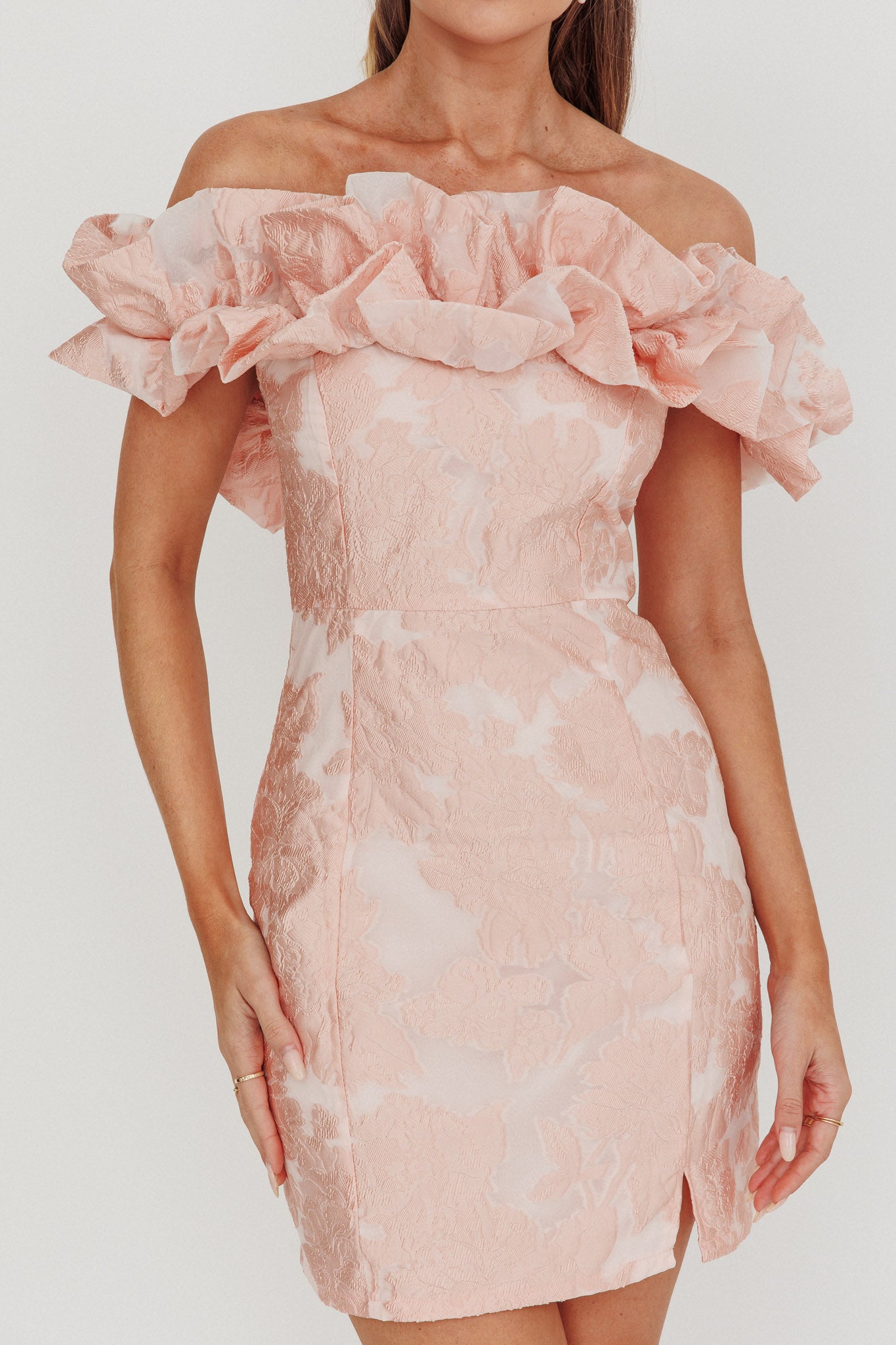 Memoire Off-Shoulder Jacquard Mini Dress Blush-Fable Dress