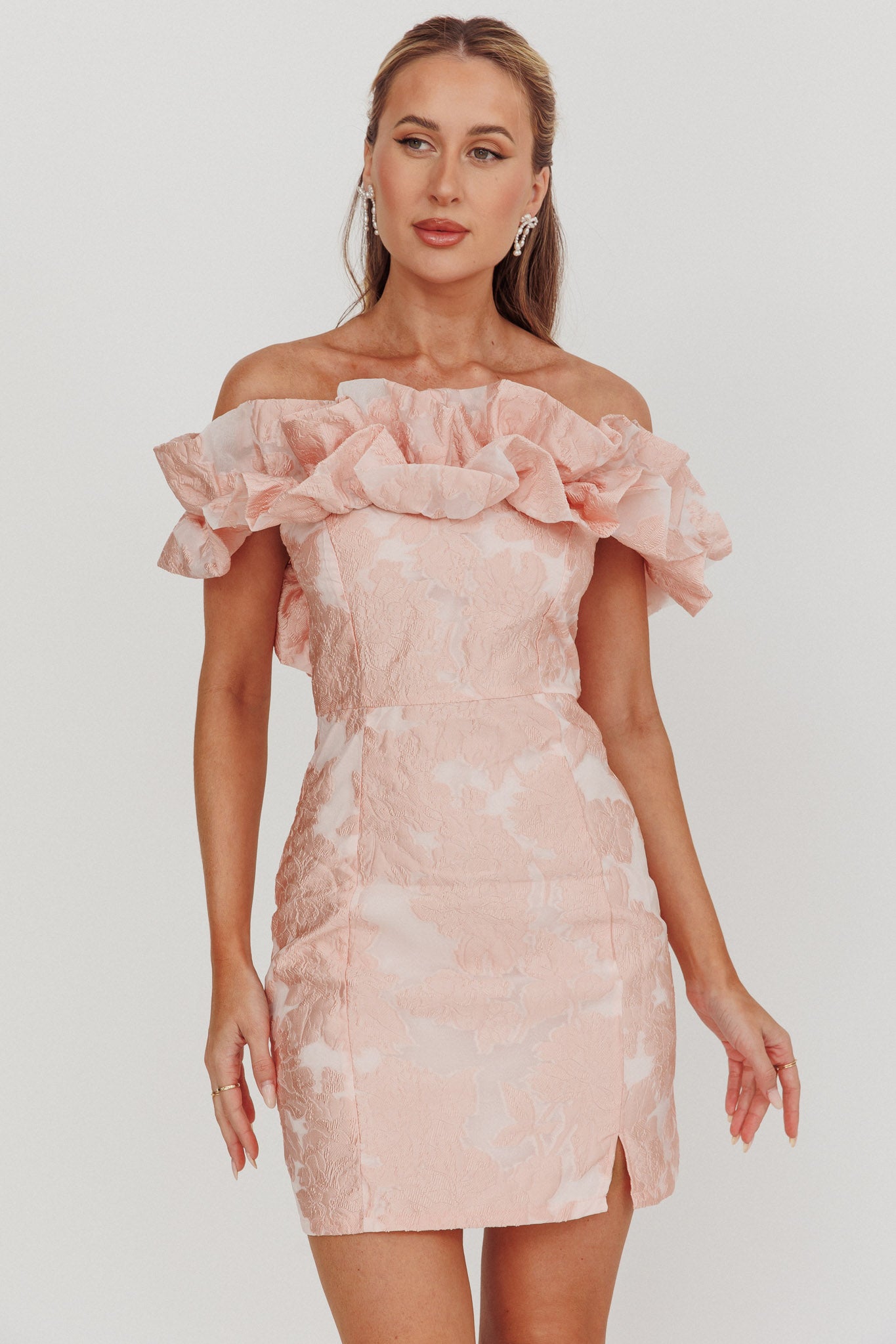 Memoire Off-Shoulder Jacquard Mini Dress Blush-Fable Dress