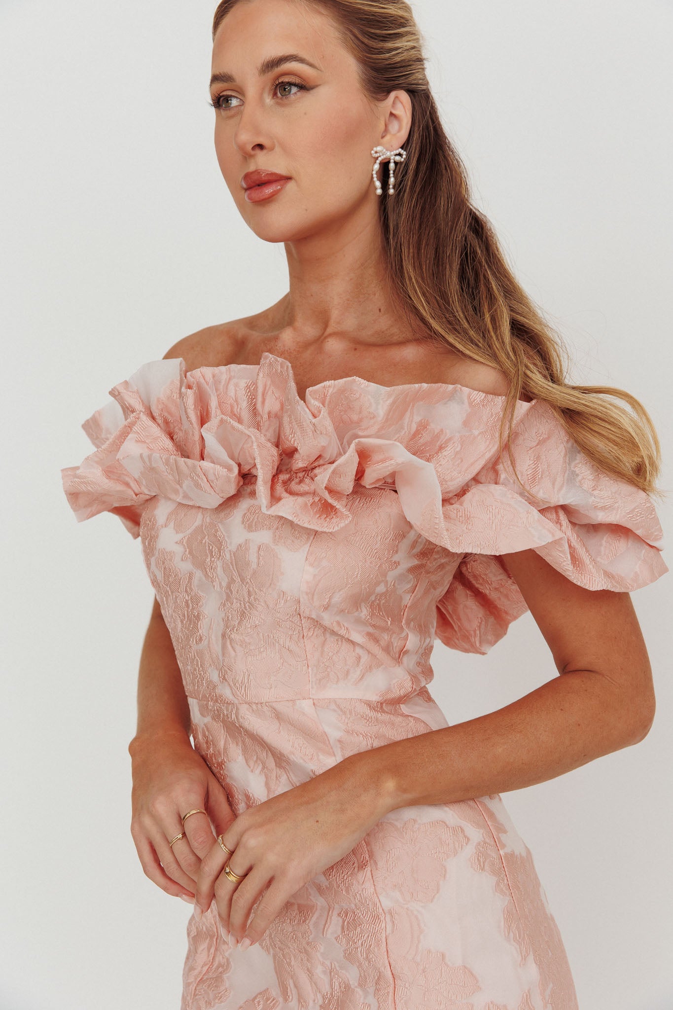 Memoire Off-Shoulder Jacquard Mini Dress Blush-Fable Dress