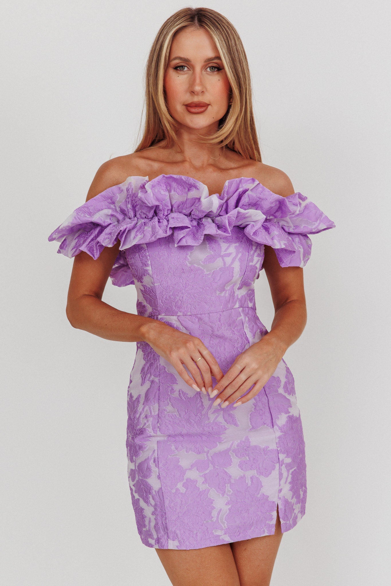 Memoire Off-Shoulder Jacquard Mini Dress Lilac-Fable Dress