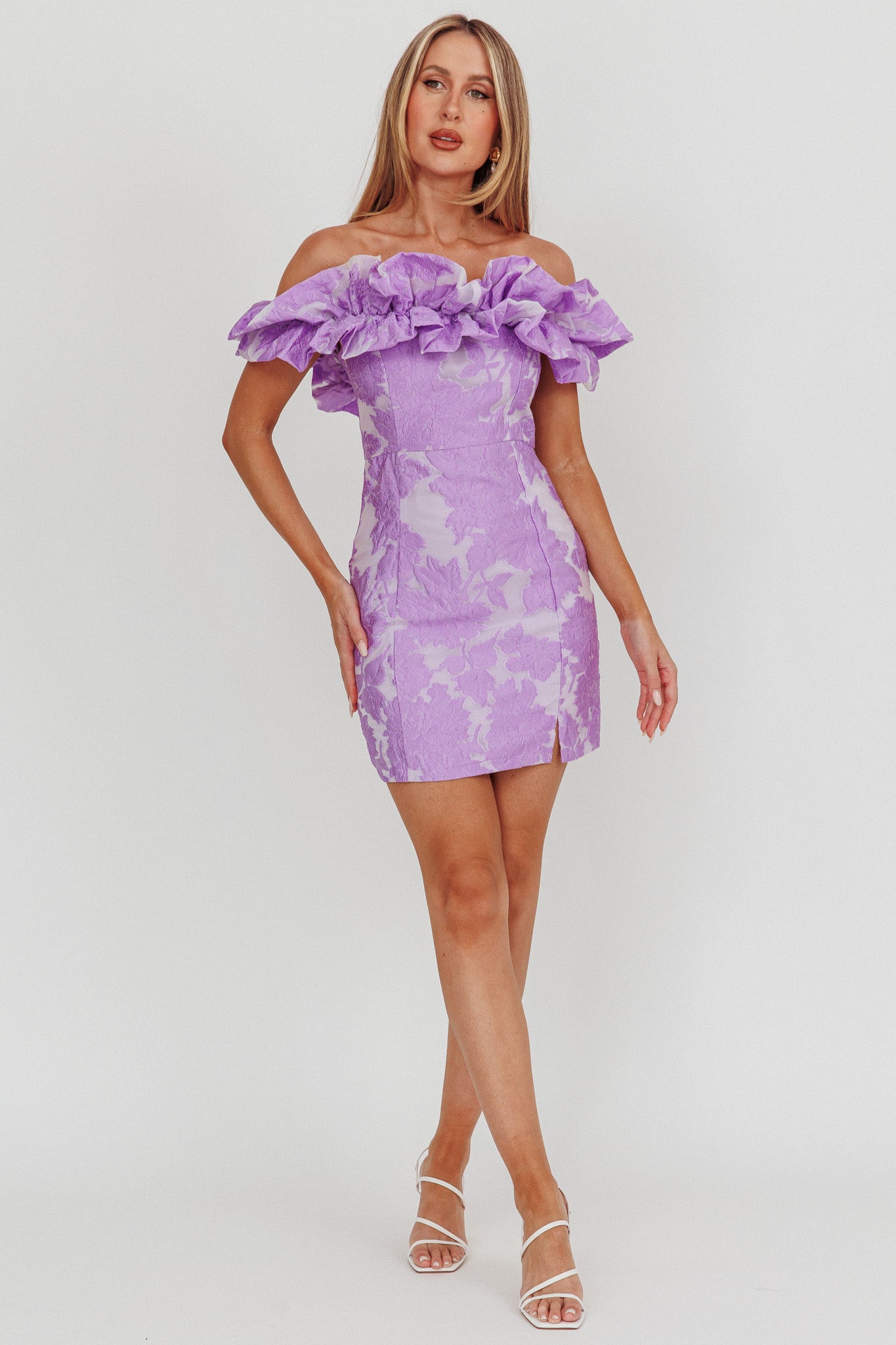 Memoire Off-Shoulder Jacquard Mini Dress Lilac-Fable Dress