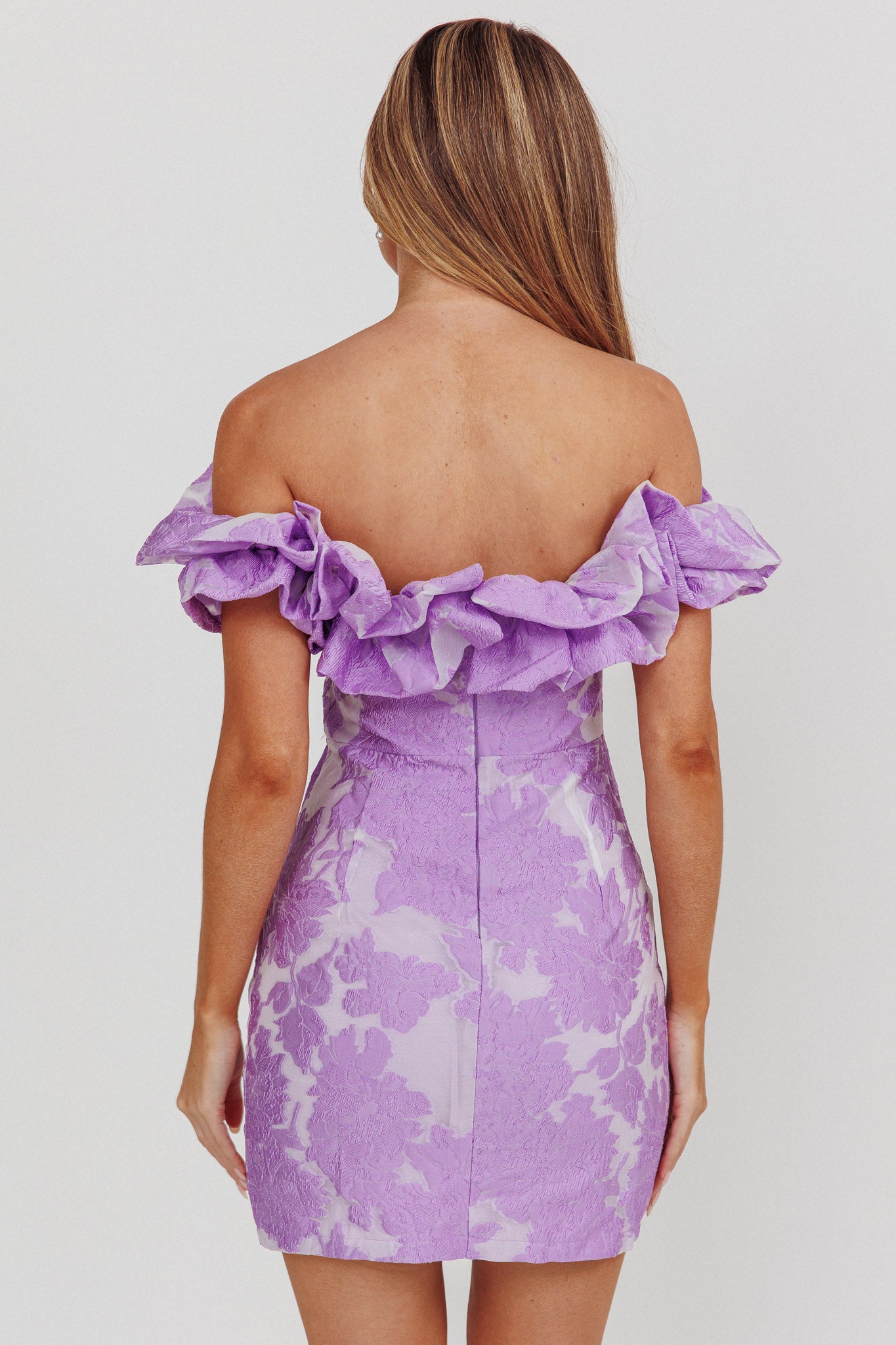 Memoire Off-Shoulder Jacquard Mini Dress Lilac-Fable Dress