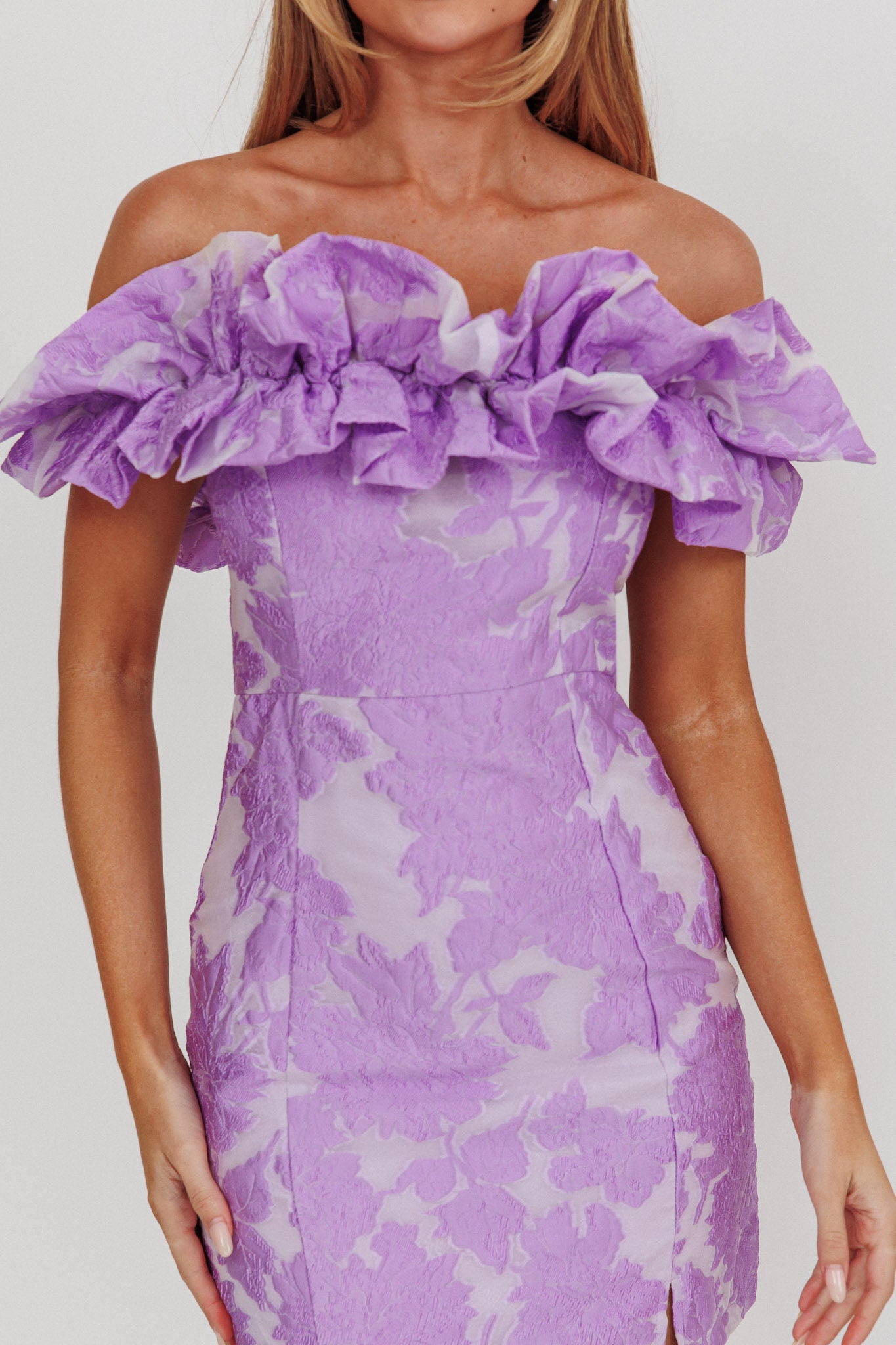 Memoire Off-Shoulder Jacquard Mini Dress Lilac-Fable Dress