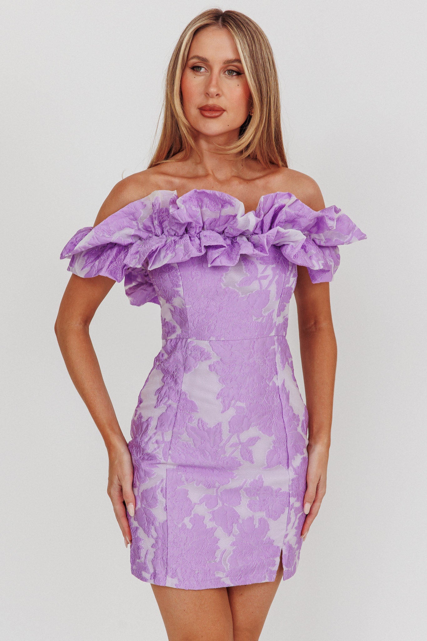 Memoire Off-Shoulder Jacquard Mini Dress Lilac-Fable Dress