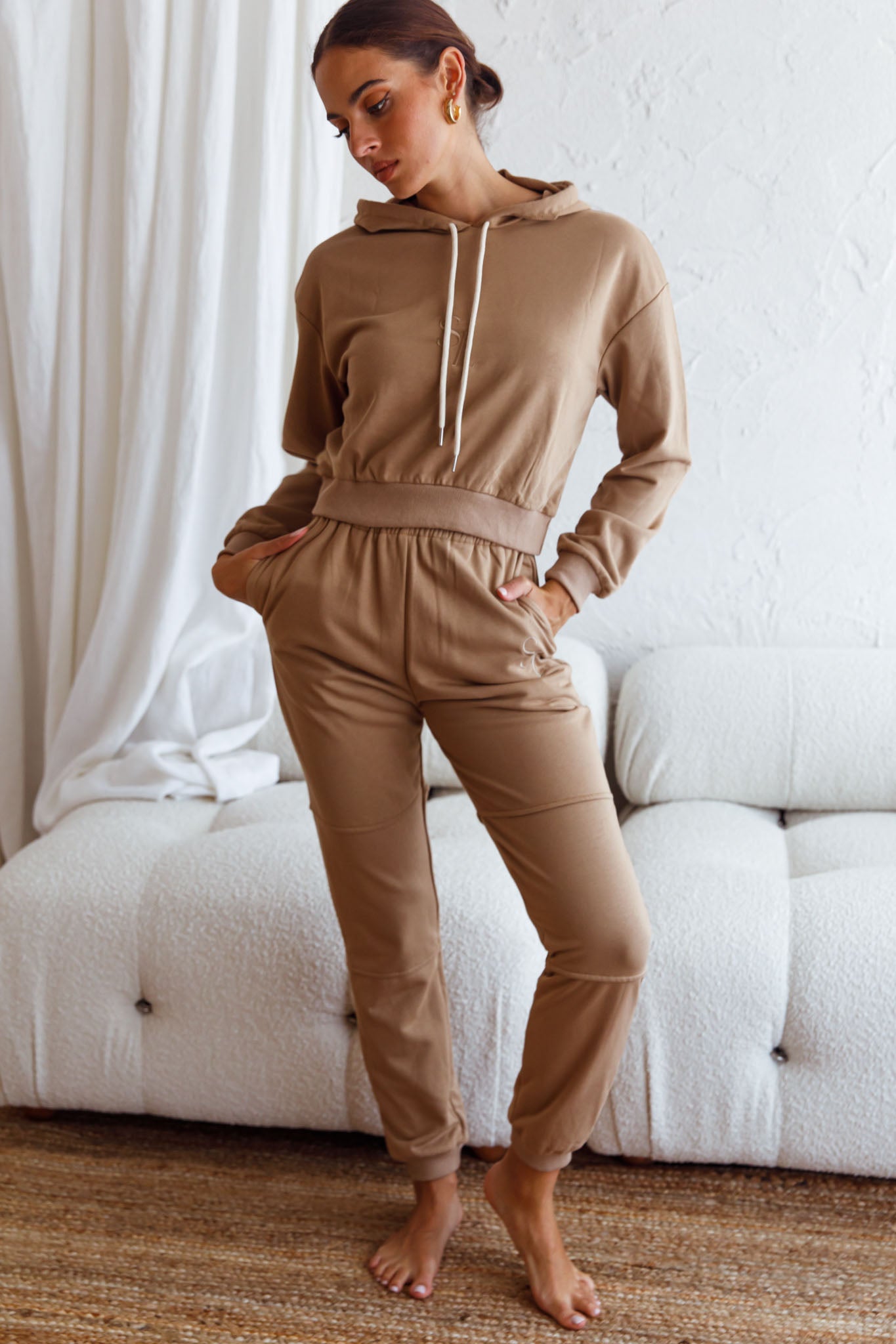 Glow Getter Drawstring Hood Embroidery Logo Hoodie Beige-Fable Dress