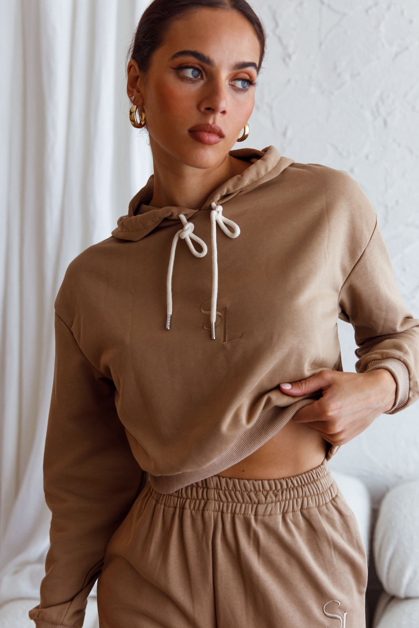 Glow Getter Drawstring Hood Embroidery Logo Hoodie Beige-Fable Dress