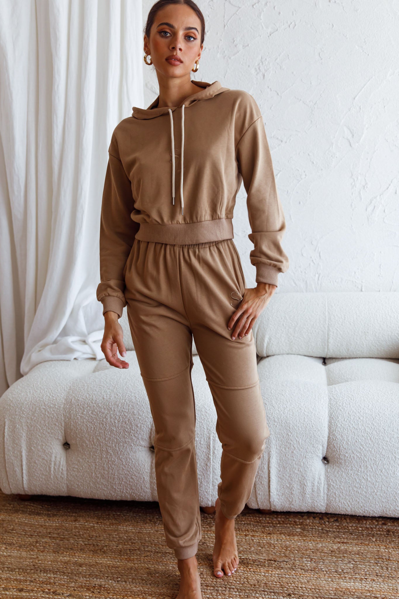 Glow Getter Drawstring Hood Embroidery Logo Hoodie Beige-Fable Dress