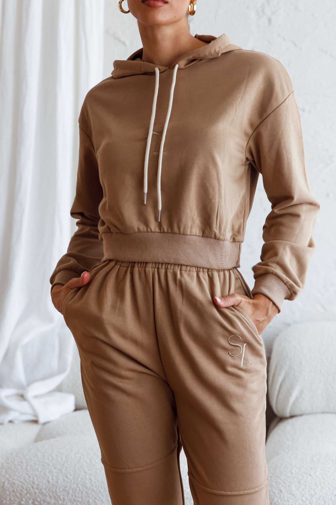 Glow Getter Drawstring Hood Embroidery Logo Hoodie Beige-Fable Dress