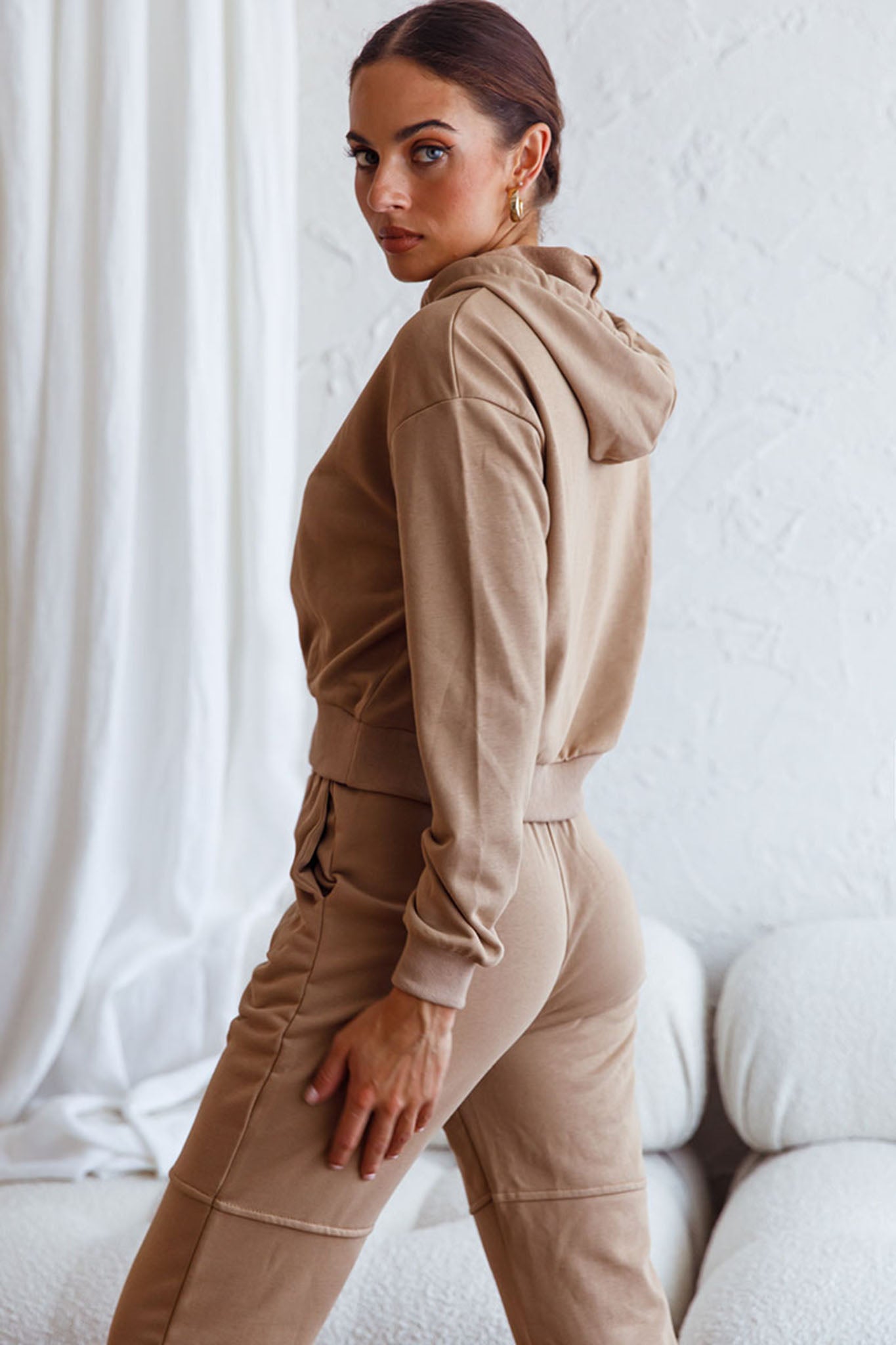 Glow Getter Drawstring Hood Embroidery Logo Hoodie Beige-Fable Dress