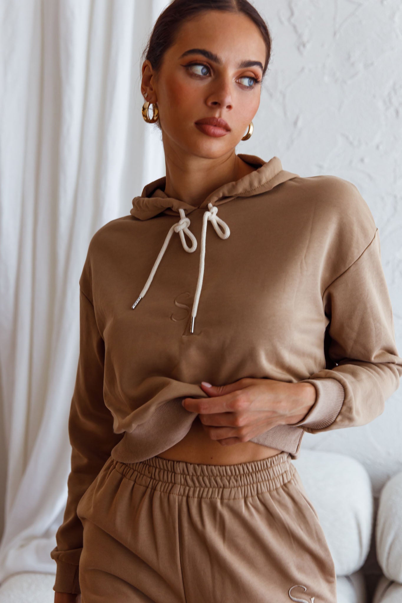 Glow Getter Drawstring Hood Embroidery Logo Hoodie Beige-Fable Dress