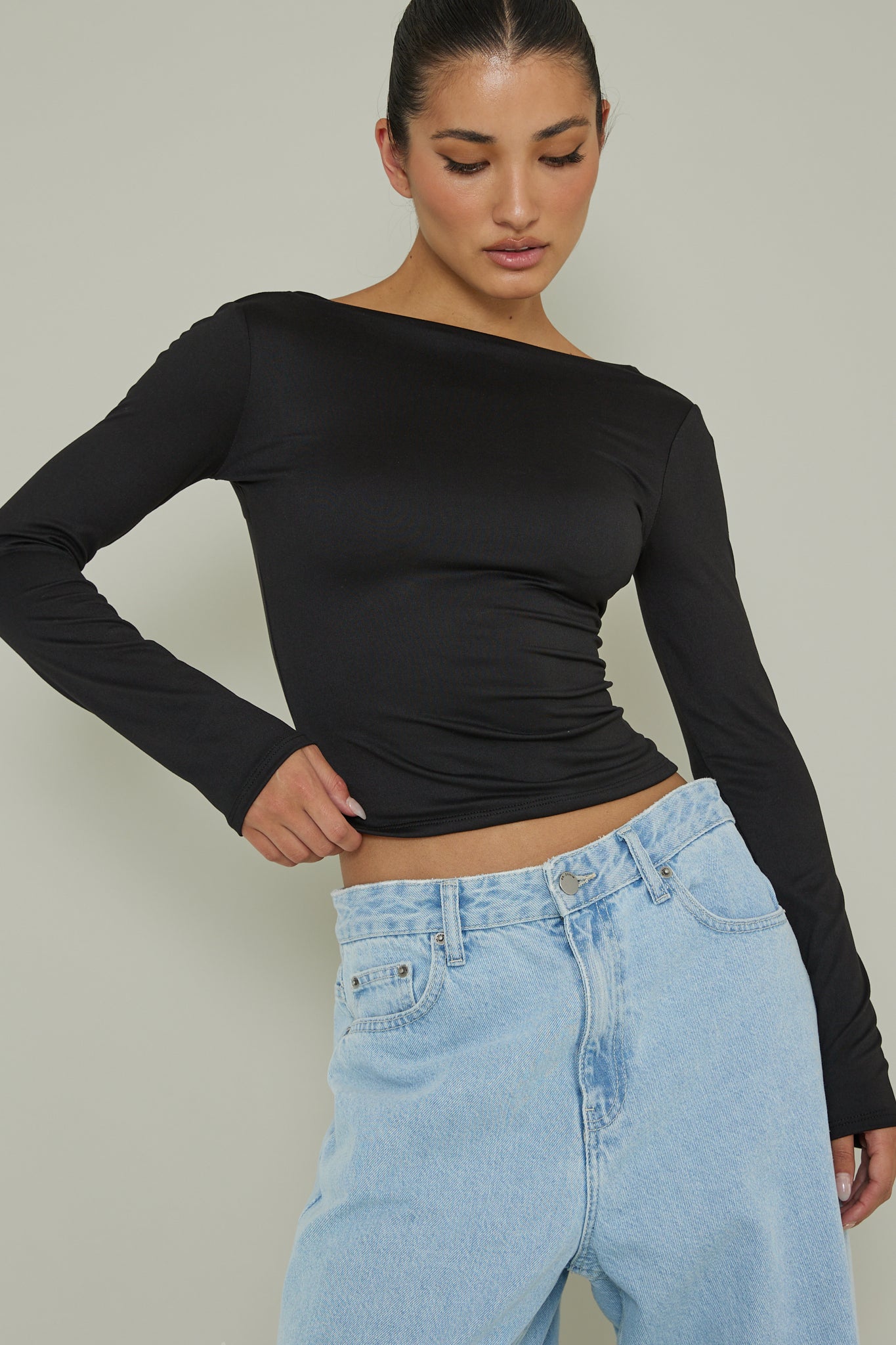 Cheers Boat Neck Long Sleeve Top Black-Fable Dress