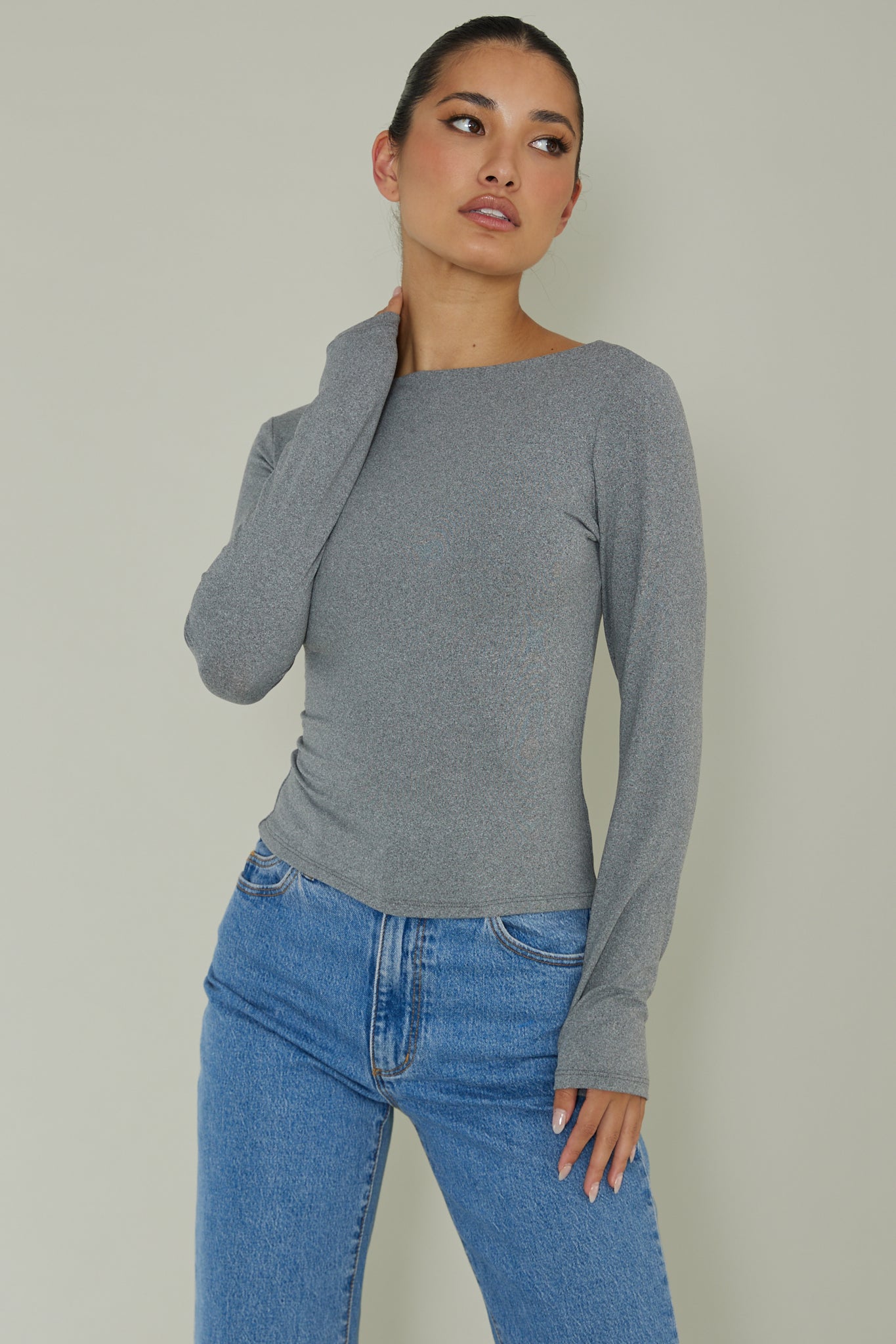 Cheers Boat Neck Long Sleeve Top Grey-Fable Dress