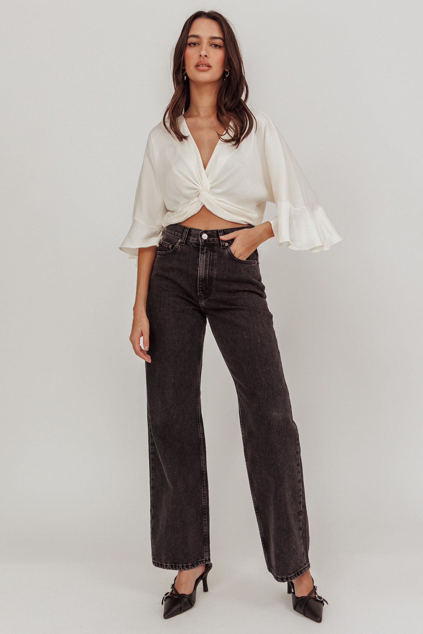 Rejoice Flounce Sleeve Knot Top Ivory-Fable Dress