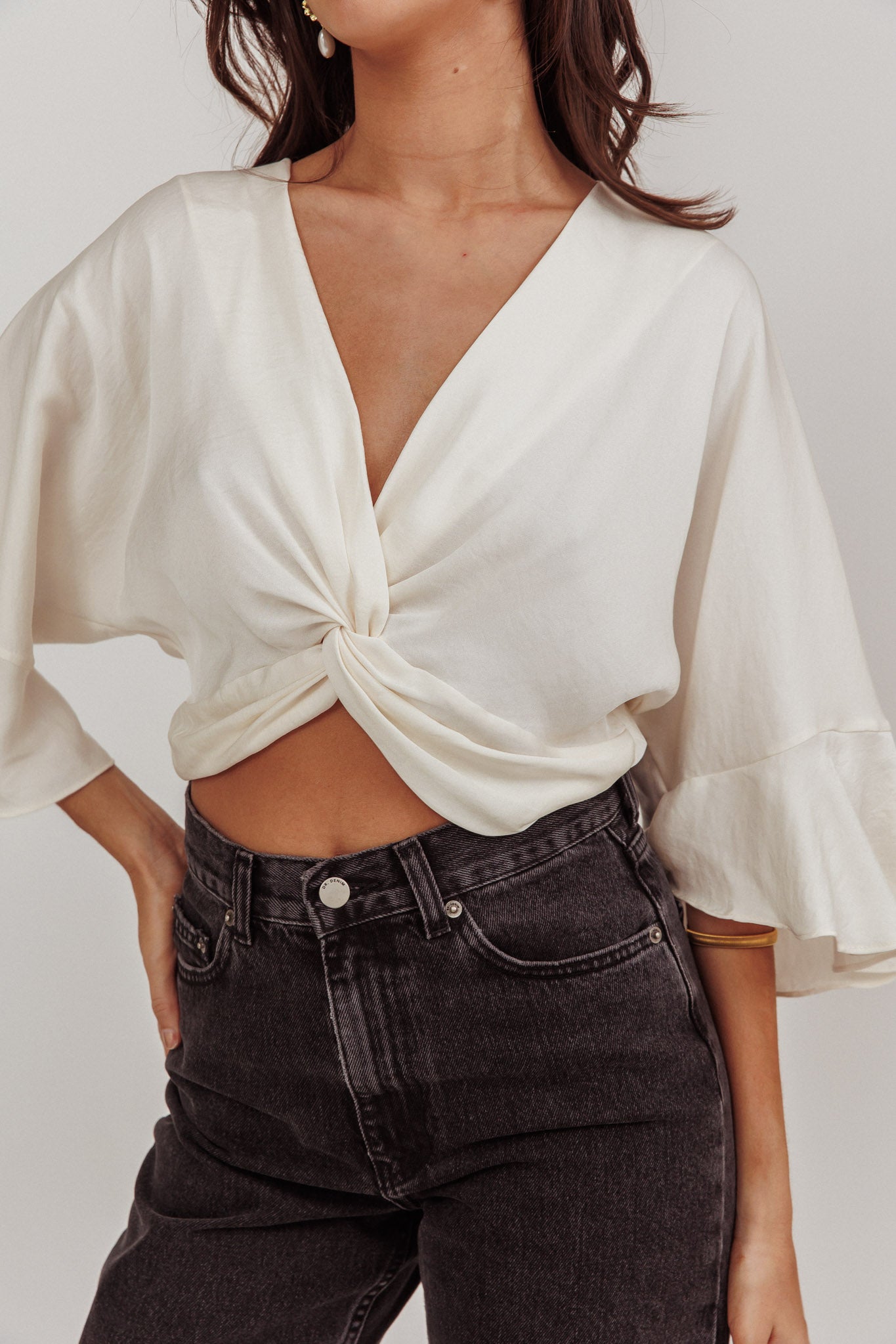 Rejoice Flounce Sleeve Knot Top Ivory-Fable Dress