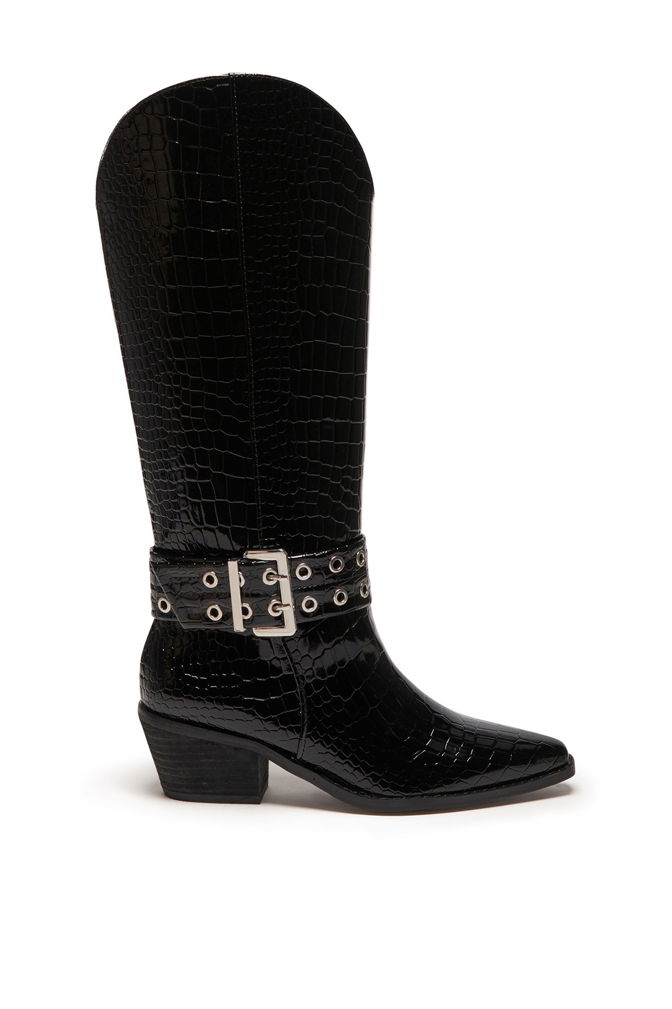 THERAPY Maiden Cowboy Boot Black Patent Croc-Fable Dress