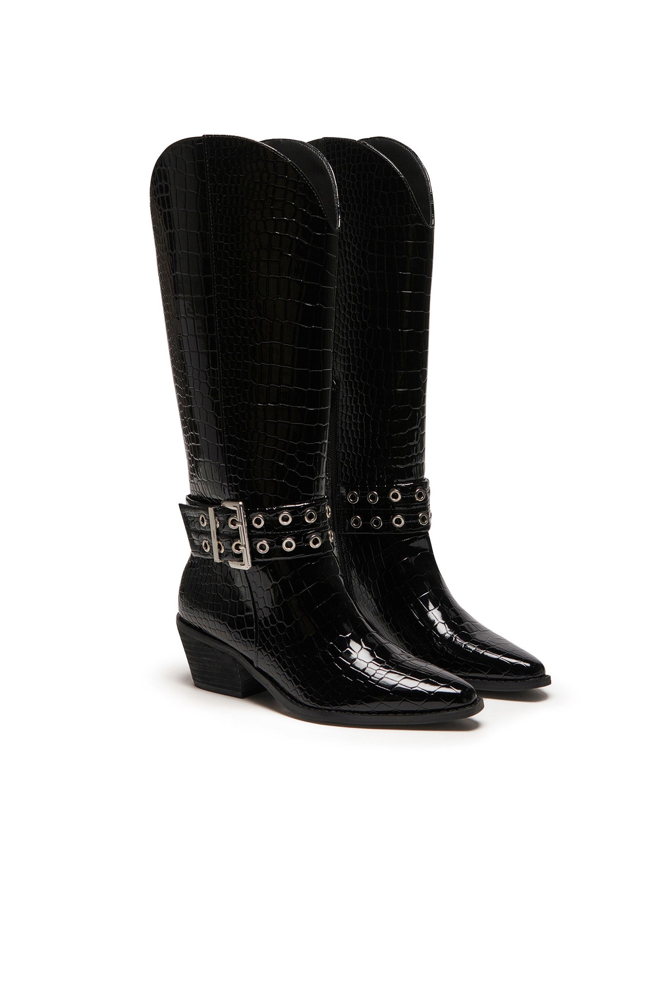 THERAPY Maiden Cowboy Boot Black Patent Croc-Fable Dress
