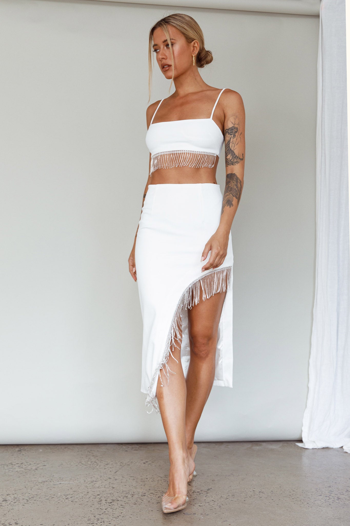 Attention Seeker Diamante Trim Midi Skirt Off White-Fable Dress