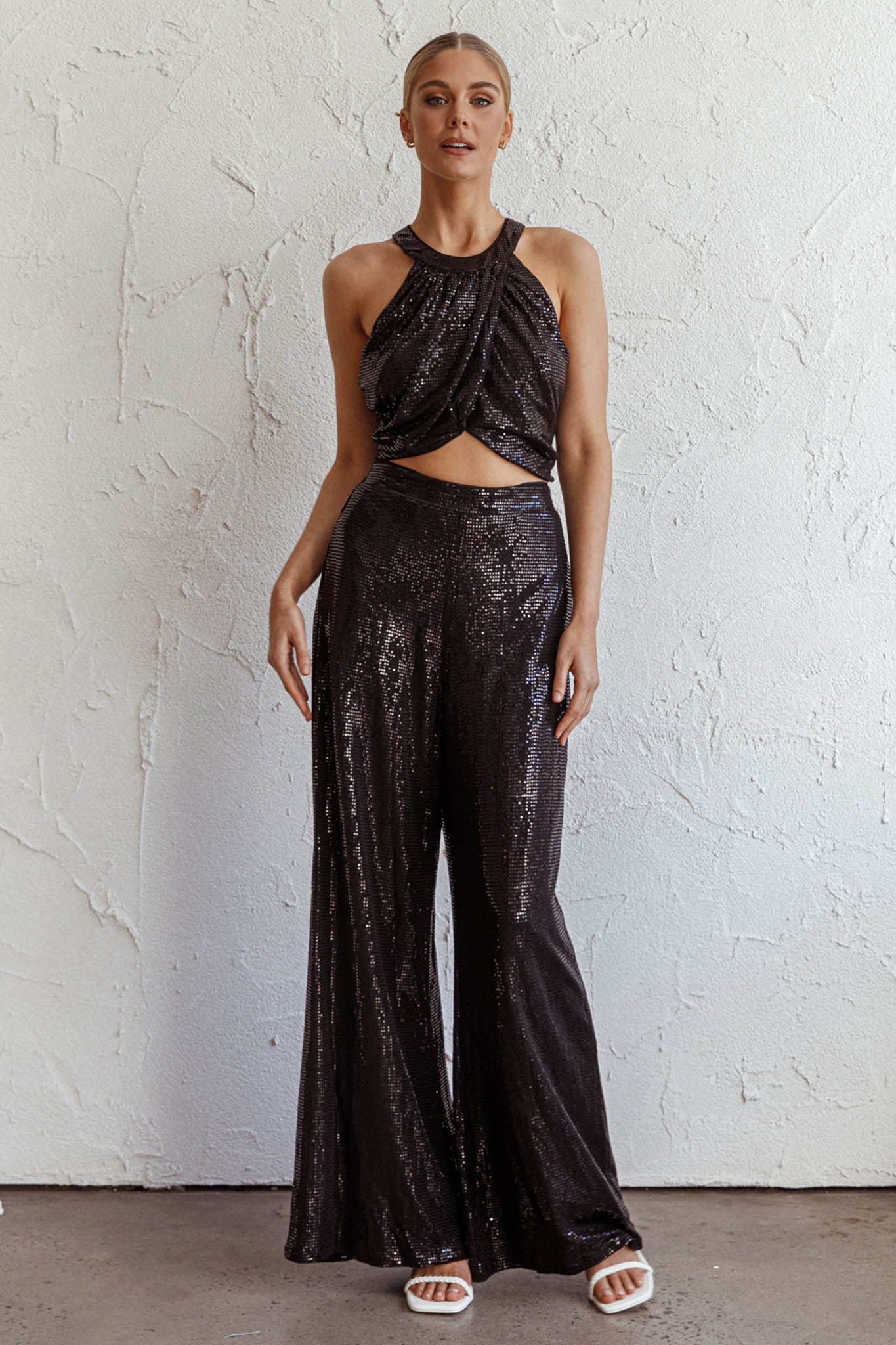 Anything Goes Wide Leg Metallic Pants Black-Fable Dress